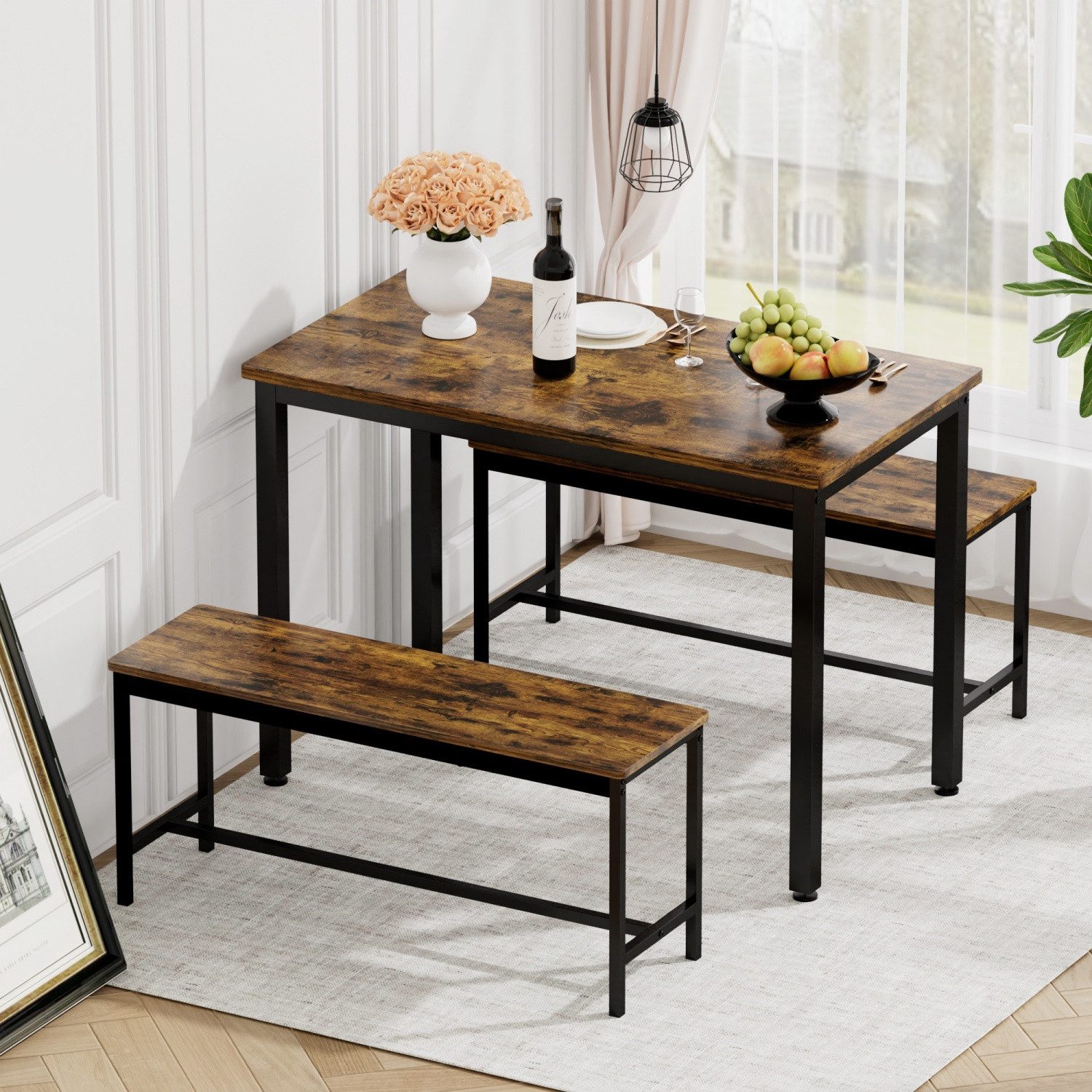 ANYSUN Essgruppe Esstisch-Set mit 2 Essbänken,3-teilig,Metallbeine, (Küchentisch mit Stühlen, industrieller Frühstückstisch), für Küche, Wohnzimmer, Partyraum, Küchentisch 110*60*75cm