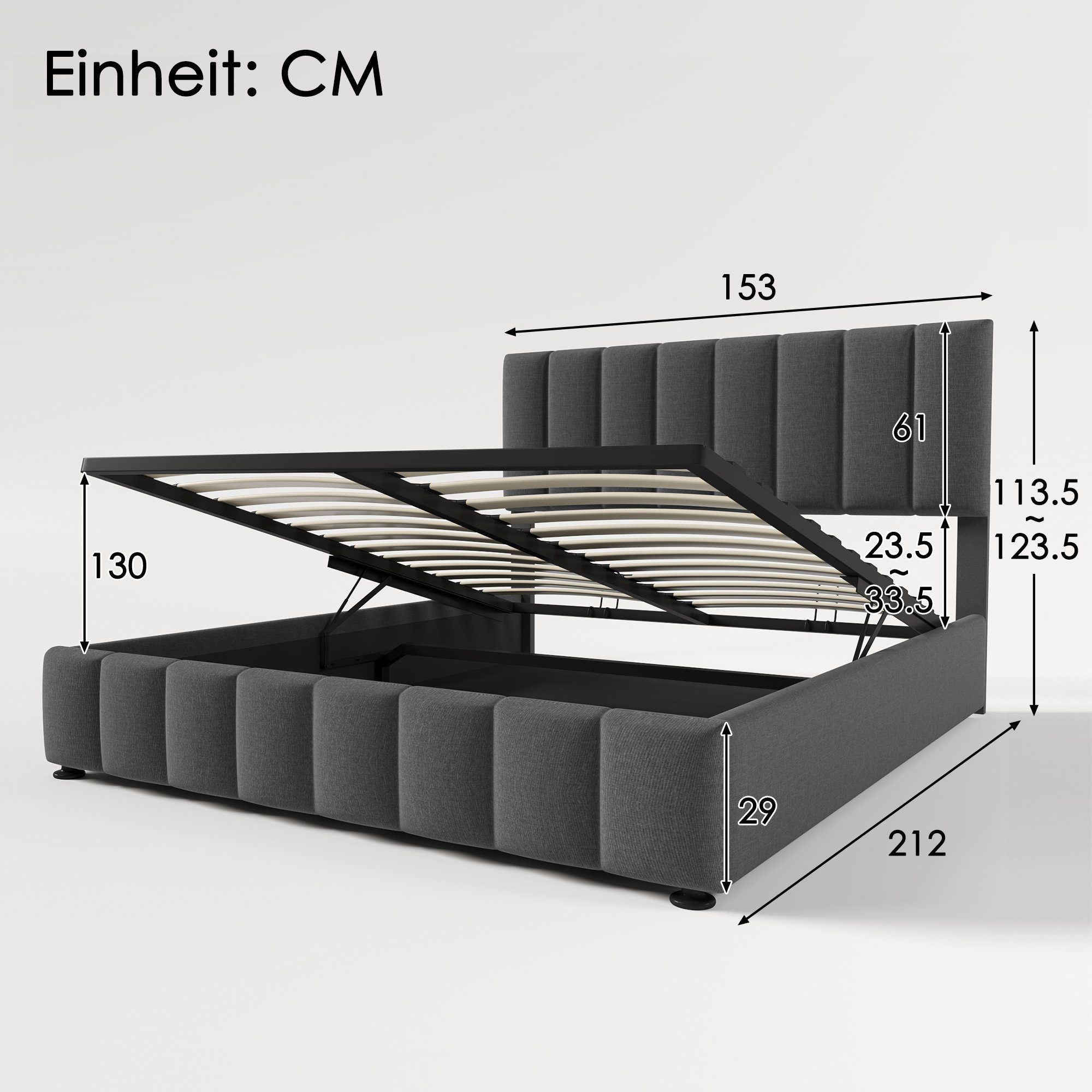 WISHDOR Polsterbett Doppelbett Bett (Bettgestell Hydraulisch 140x200cm aus Kopfteil, Grau mit Lattenrost Verstellbares und ohne Bettstauraum), Metallrahmen Matratze Funktionsbett