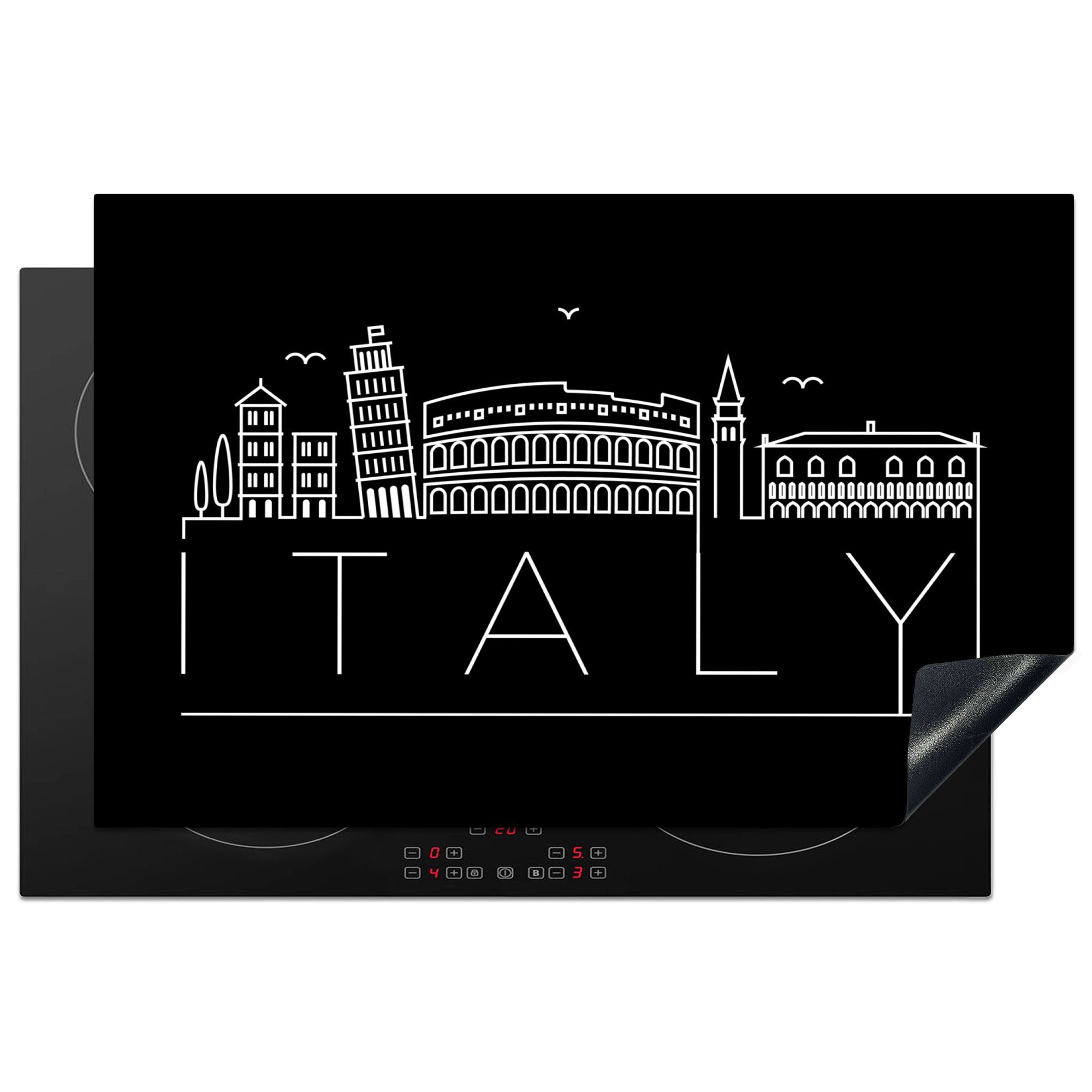 MuchoWow Herdblende-/Abdeckplatte Stadtbild "Italien" mit schwarzem Hintergrund, Vinyl, (1 tlg), 81x52 cm, Induktionskochfeld Schutz für die küche, Ceranfeldabdeckung