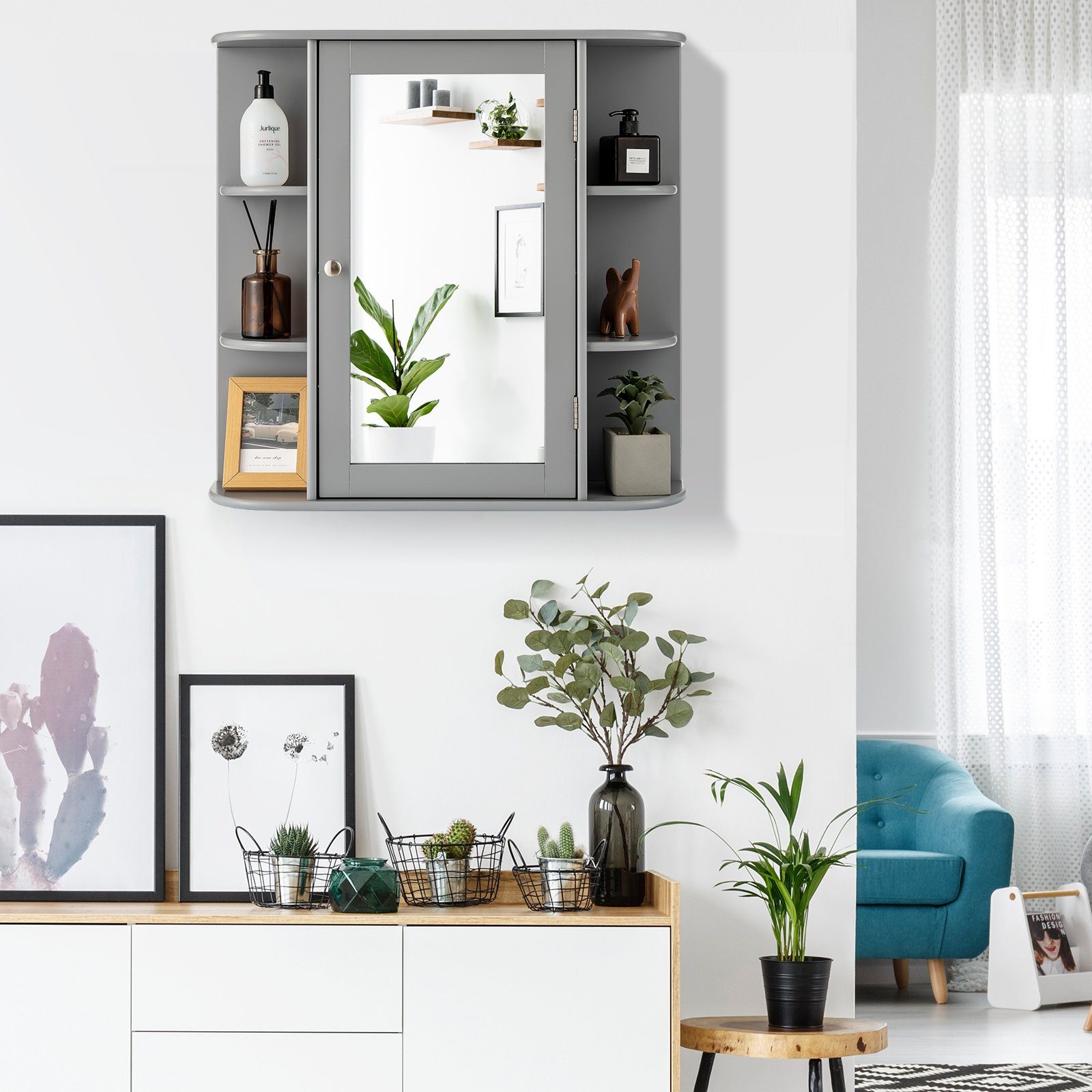 COSTWAY Spiegelschrank Badezimmerschrank mit Spiegeltür&Ablagen, hängend 65cm