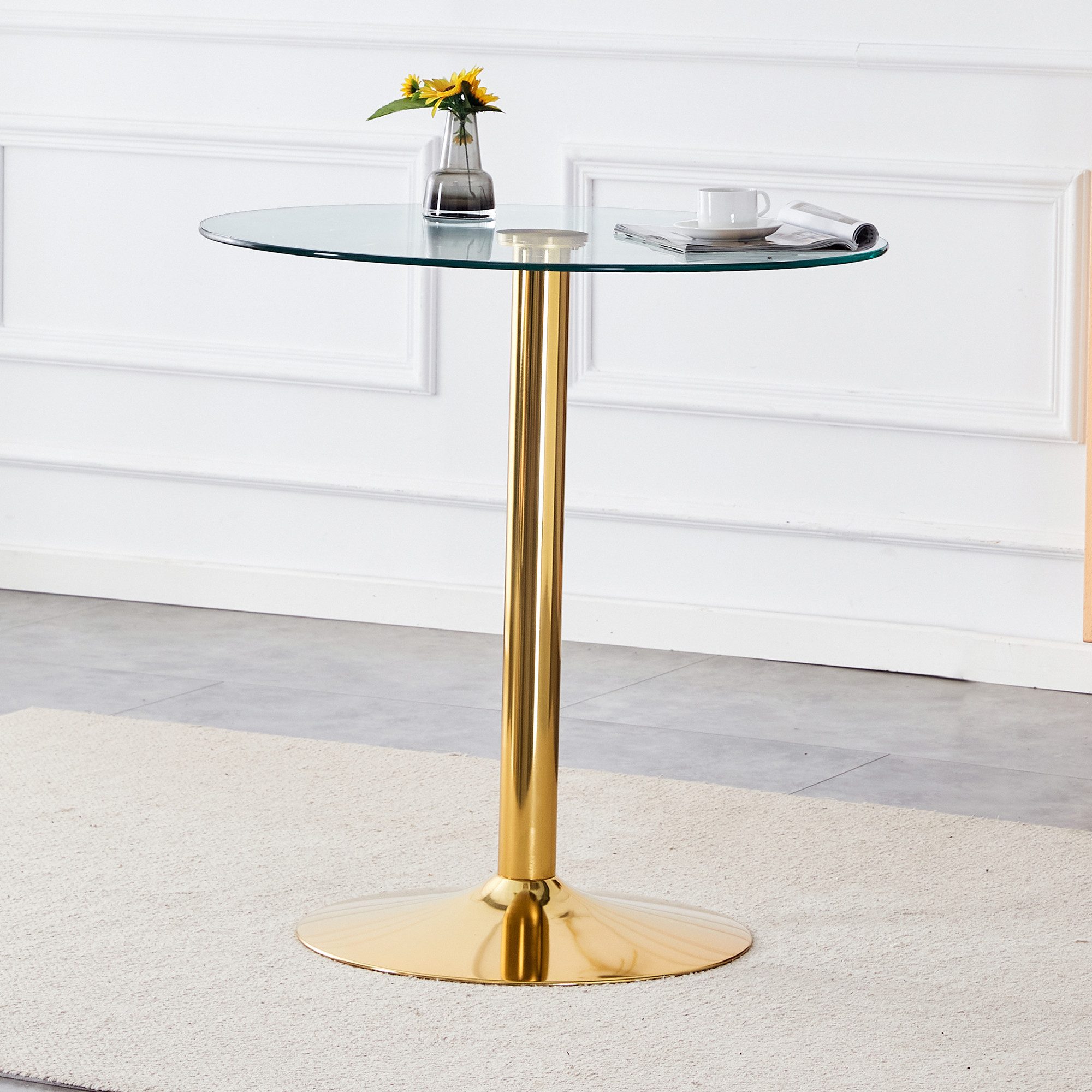 HAUSS SPOLE Esstisch Rund Glasbalkentisch mit Metallbasis,Wohnzimmertisch Küchentisch Gold (Glastisch mit einem Durchmesser von 89 cm, mit einer goldfarbenen Metallbasis), Einfach zu reinigen und zu pflegen
