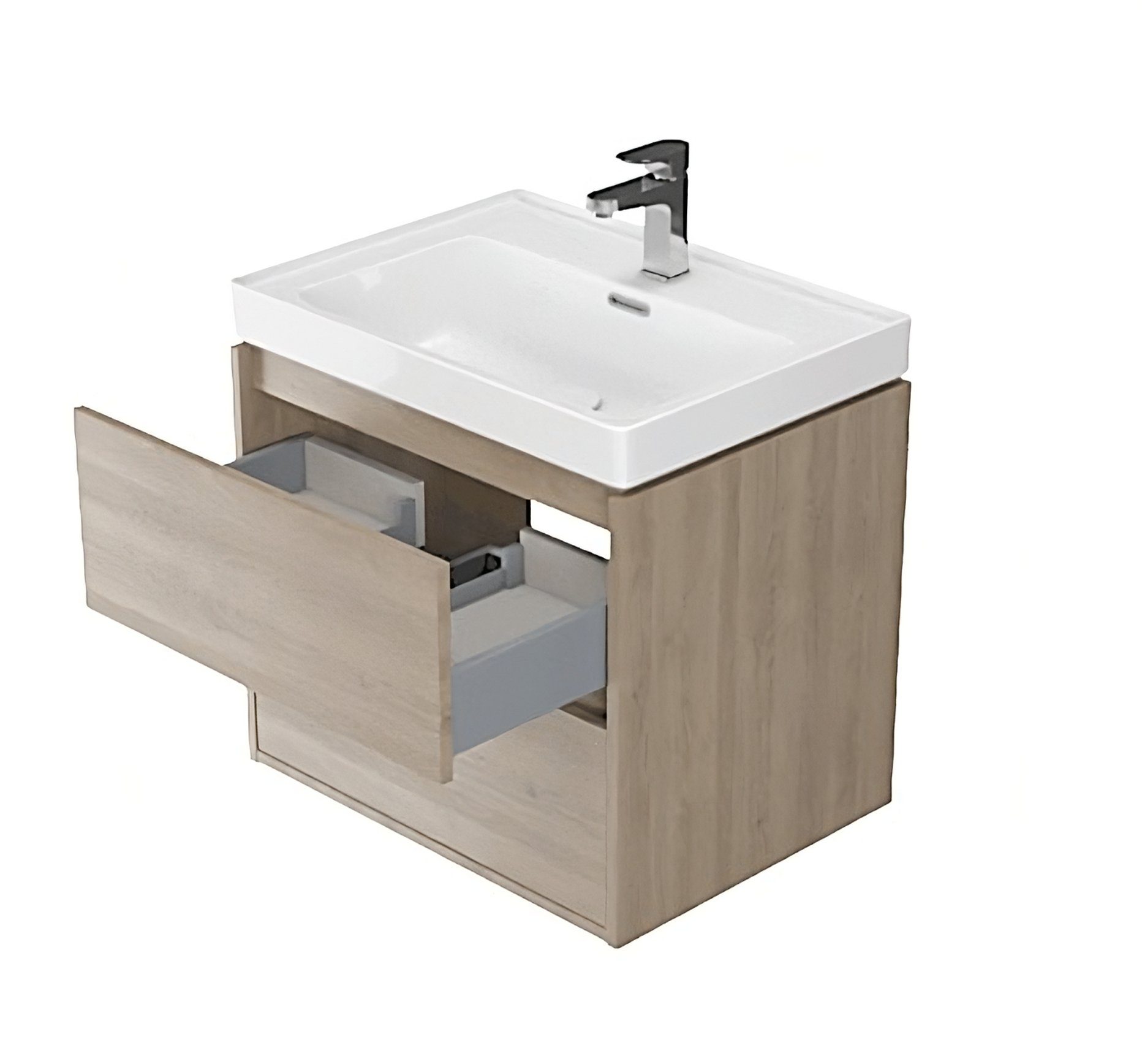 KOLMAN Waschbeckenunterschrank Badmöbel 60 CREA & Badezimmerschrank mit Keramikwaschbecken Schubladen Set Eiche