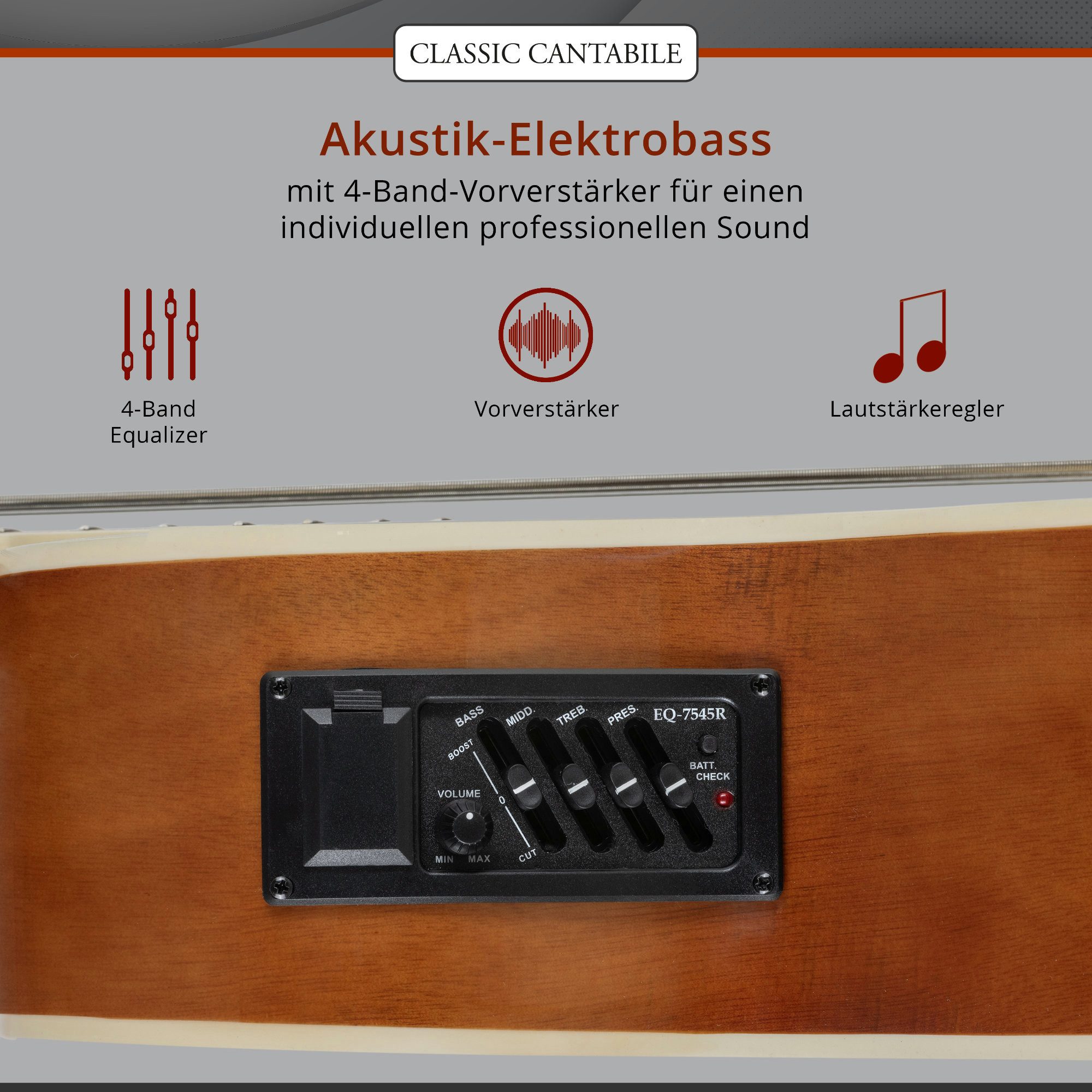 Classic Cantabile Akustik-Bass Classic Cantabile AB4-20CE-NT Akustik Bass Natural, Grand Concert mit Cutaway, Undersaddle-Piezo mit EQ-7545R Preamp