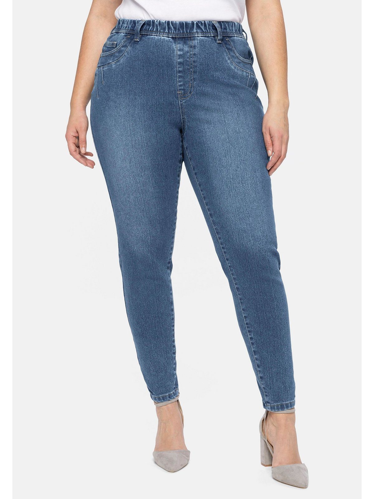 und Große light Gürtelschlaufen Größen used mit Sheego Gummibund Denim blue Stretch-Jeans