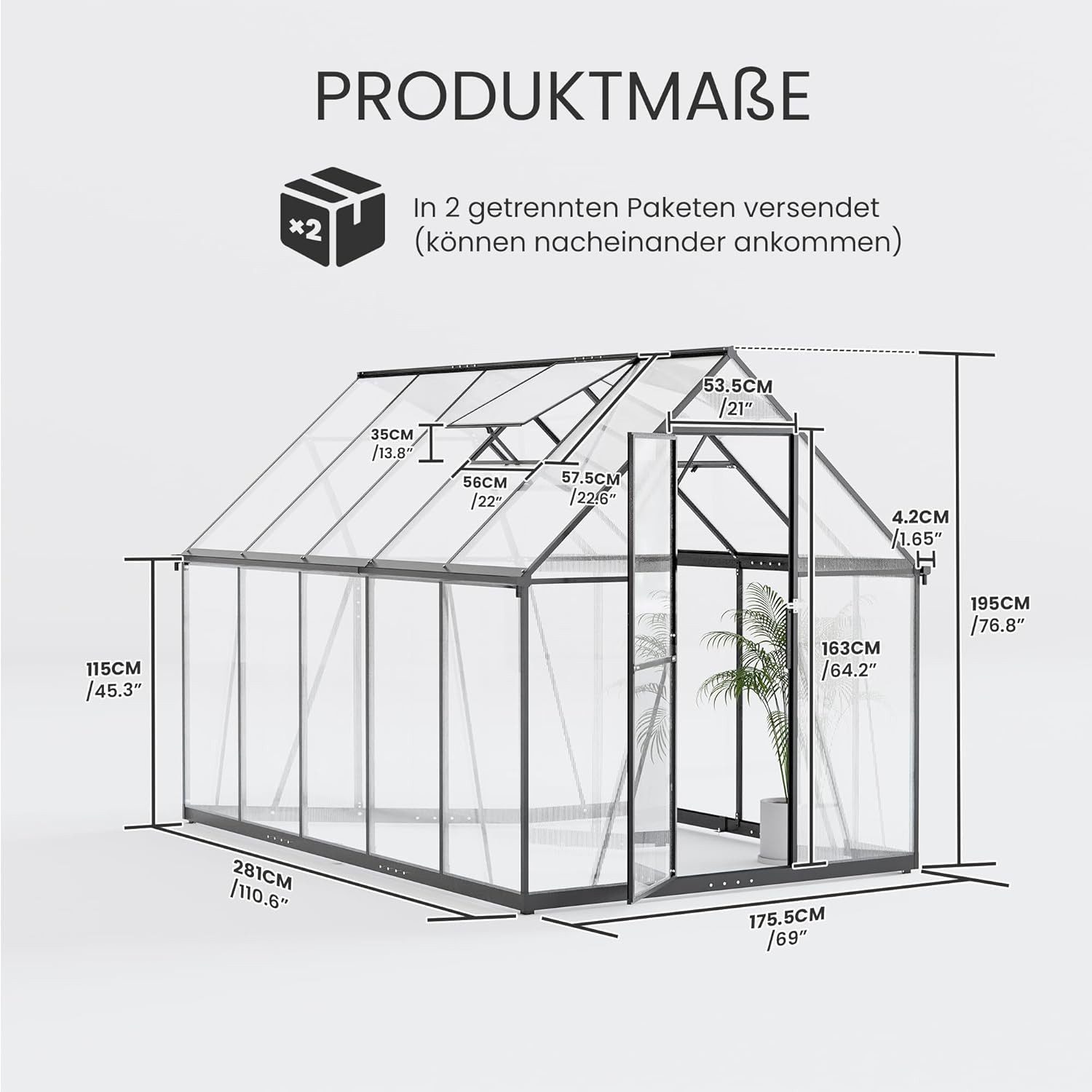 GOTLAND Gewächshaus Polycarbonat Gewächshaus mit abschließbarer Tür, Satteldach, mit Lüftungsfenster & Regenrinnen, Wetterfest für Terrasse & Garten