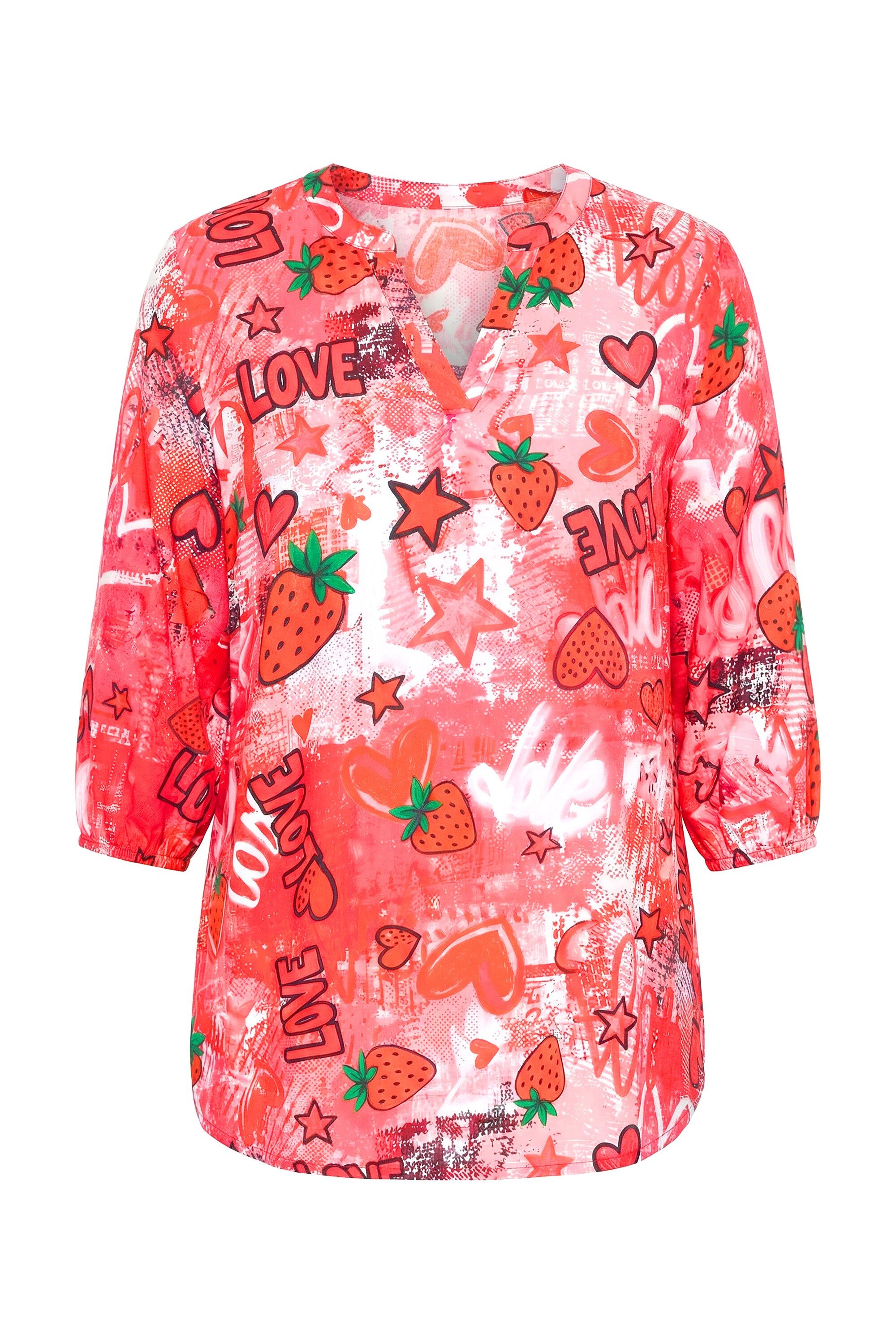 Angel of Style Longbluse Bluse A-Linie Erdbeeren und Herzen 3/4-Ärmel