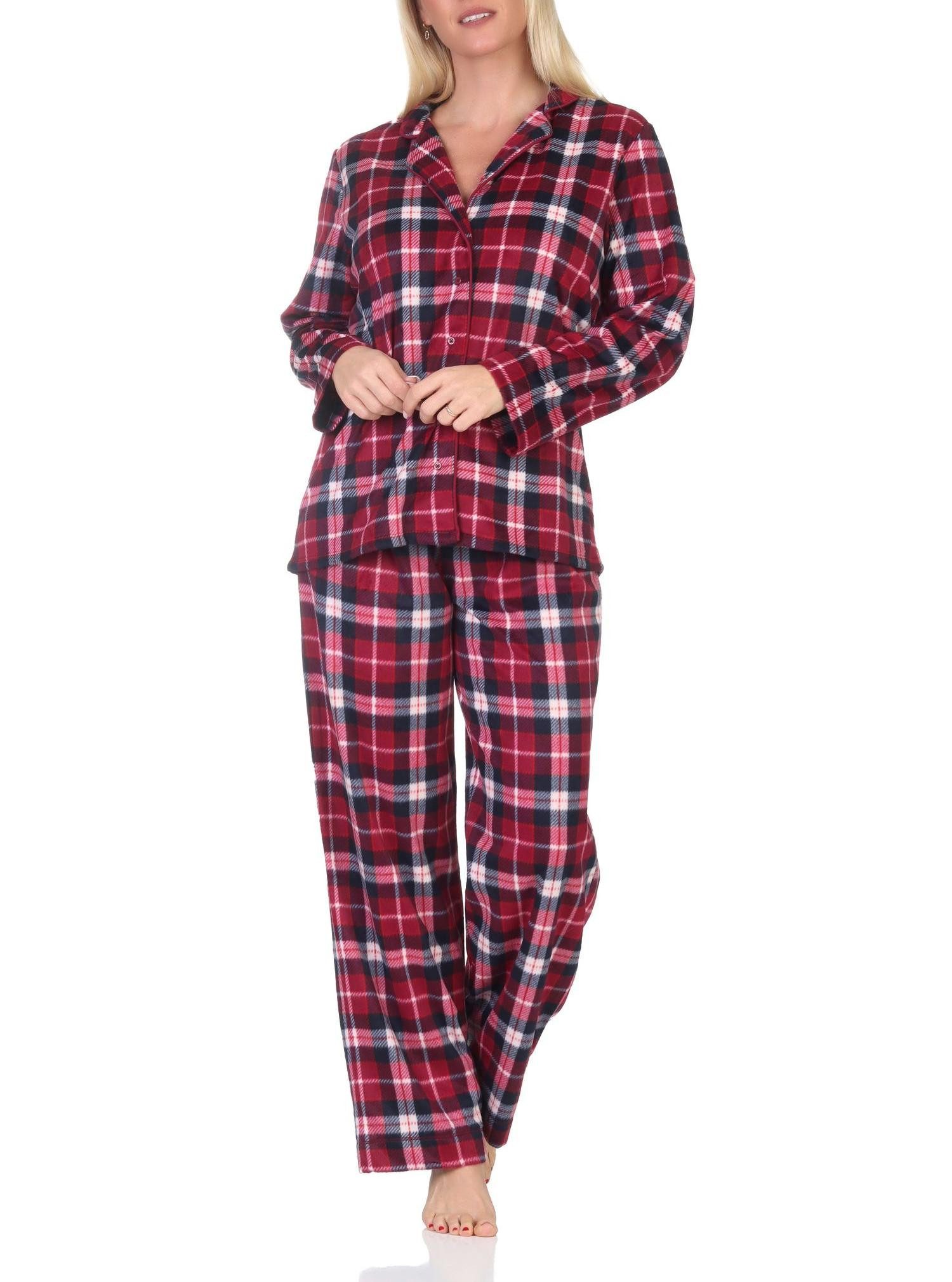 Pyjama Normann Damen Fleece Schlafanzug in edler Karo-Optik zum durchknöpfen