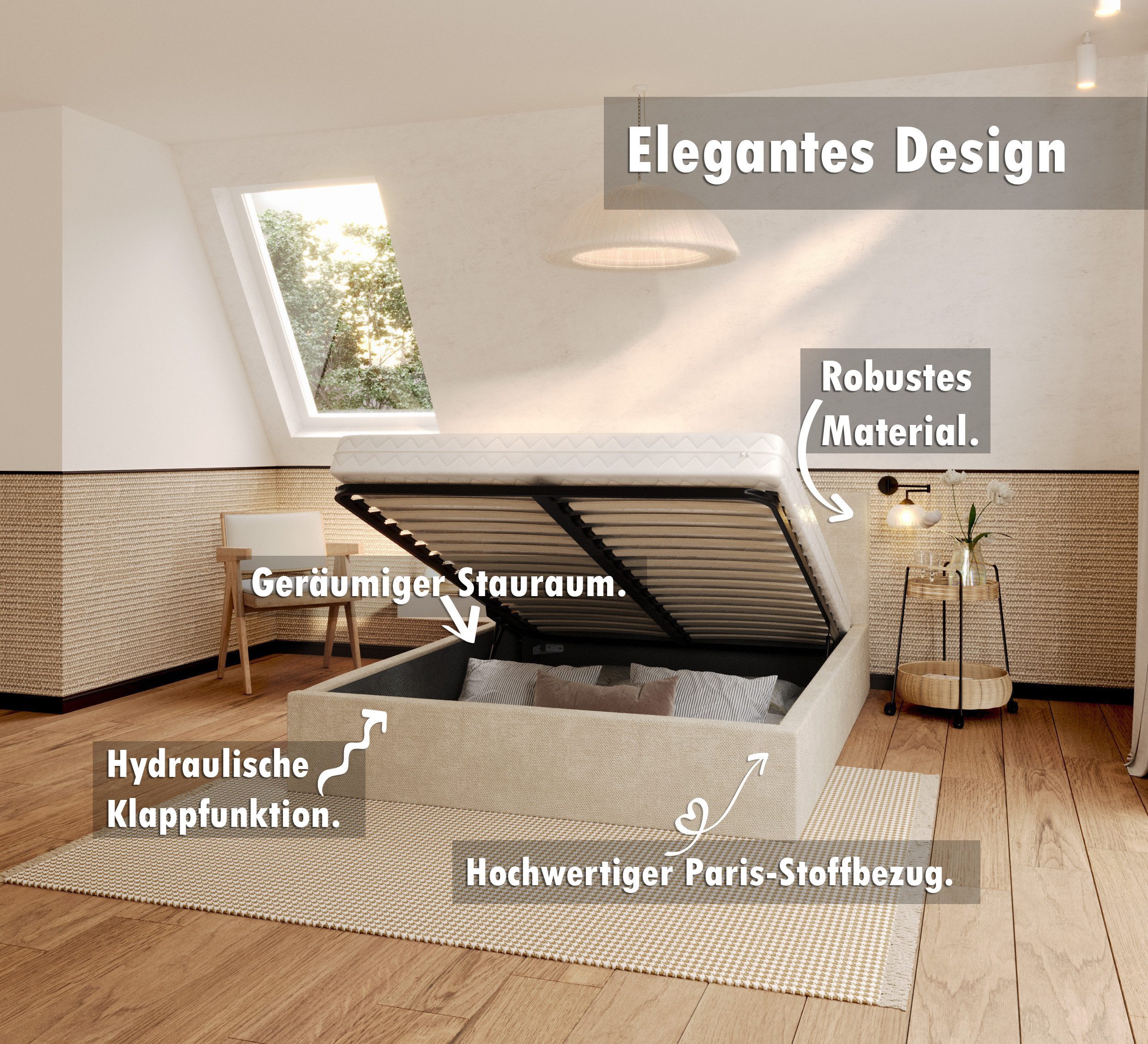 thematys Polsterbett Bett Stauraumbett 90x200, 120x200, 140x200, 160x200, 180x200cm (MADE IN EU - mit hochwertigem fein gewebter Stoff für einen zeitlosen Look, Bettrahmen, Bett, Optional mit Matratze bestellbar, mit großen gepolsterten Kopfteil, mit Bettkasten zum aufklappen), Metallrahmen mit Lattenrost, hydraulische Klappfunktion für Stauraum