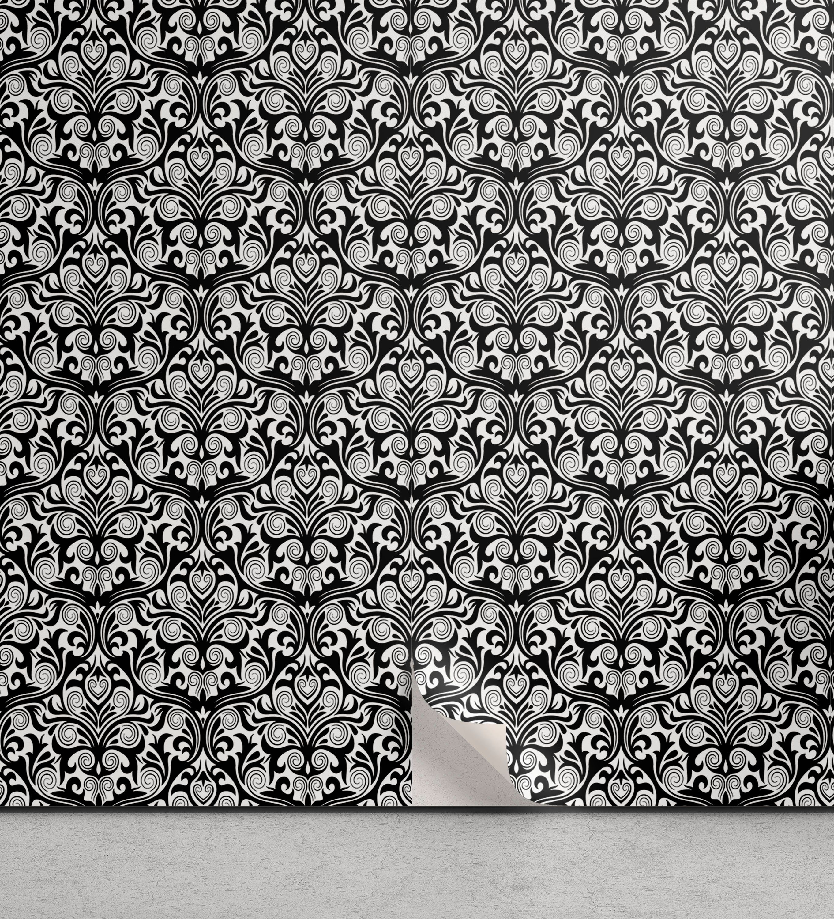 Abakuhaus Vinyltapete selbstklebendes Wohnzimmer Küchenakzent, Schwarz und weiß Laub wirbelt