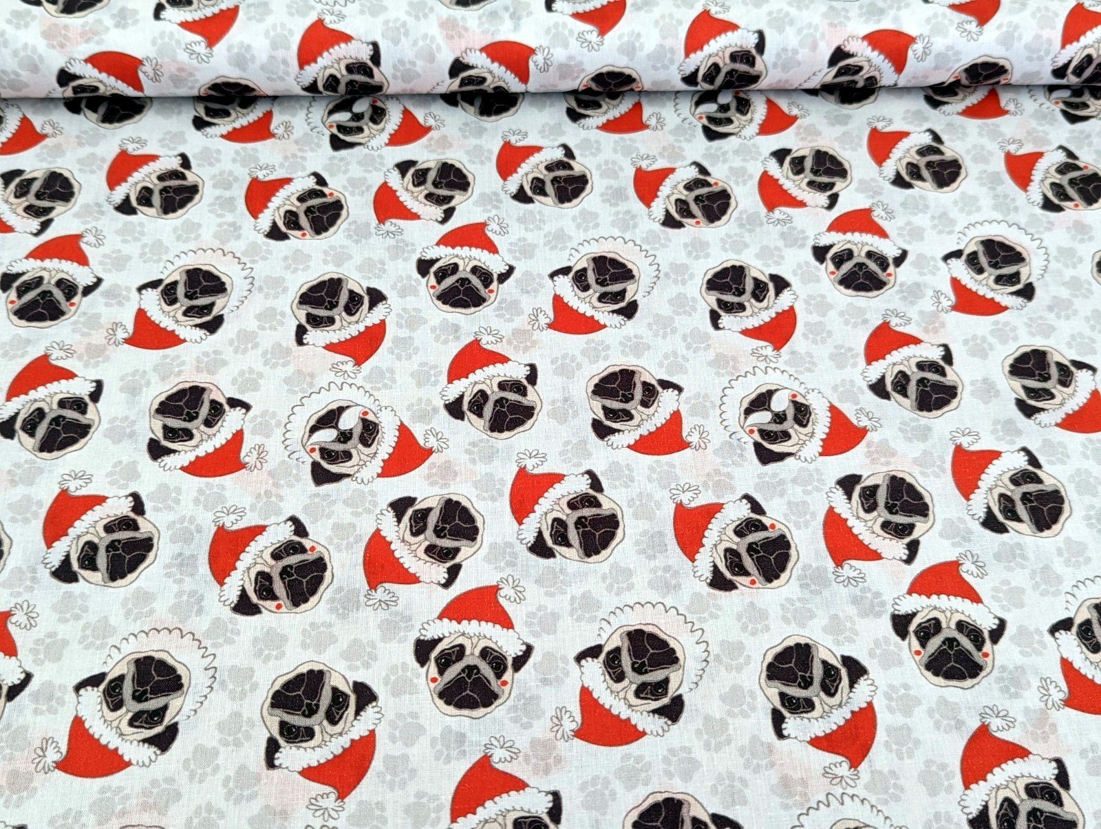 Thumbnail - Corileo Stoff Baumwollstoff Popline Weihnachtsmops Hund Hellgrau Stoff Meterware