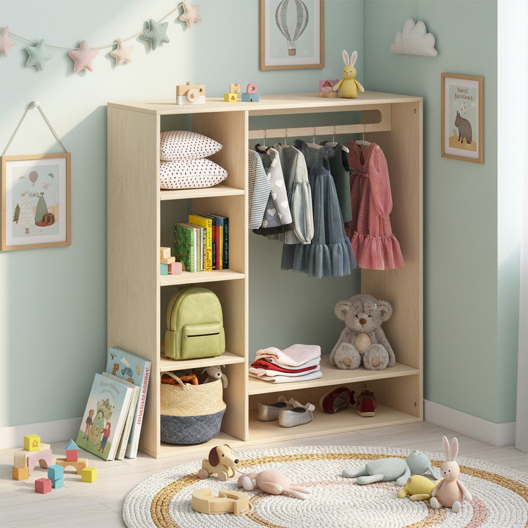 Bellabino Kleiderständer Tea für Kinder aus Birkenholz, Kindergarderobe mit 1 Kleiderstange & 6 Fächern