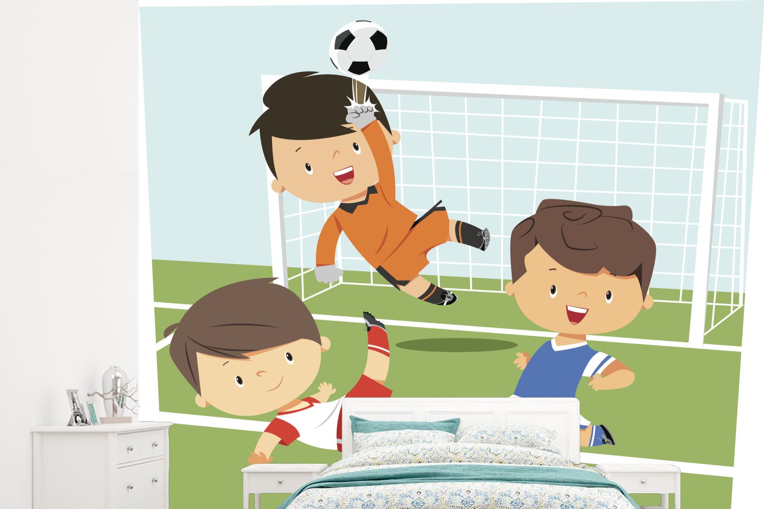 MuchoWow Fototapete Eine Illustration von drei Kindern, die Fußball spielen - Kinder -, Matt, bedruckt, (5 St), Montagefertig Vinyl Tapete für Wohnzimmer, Wandtapete