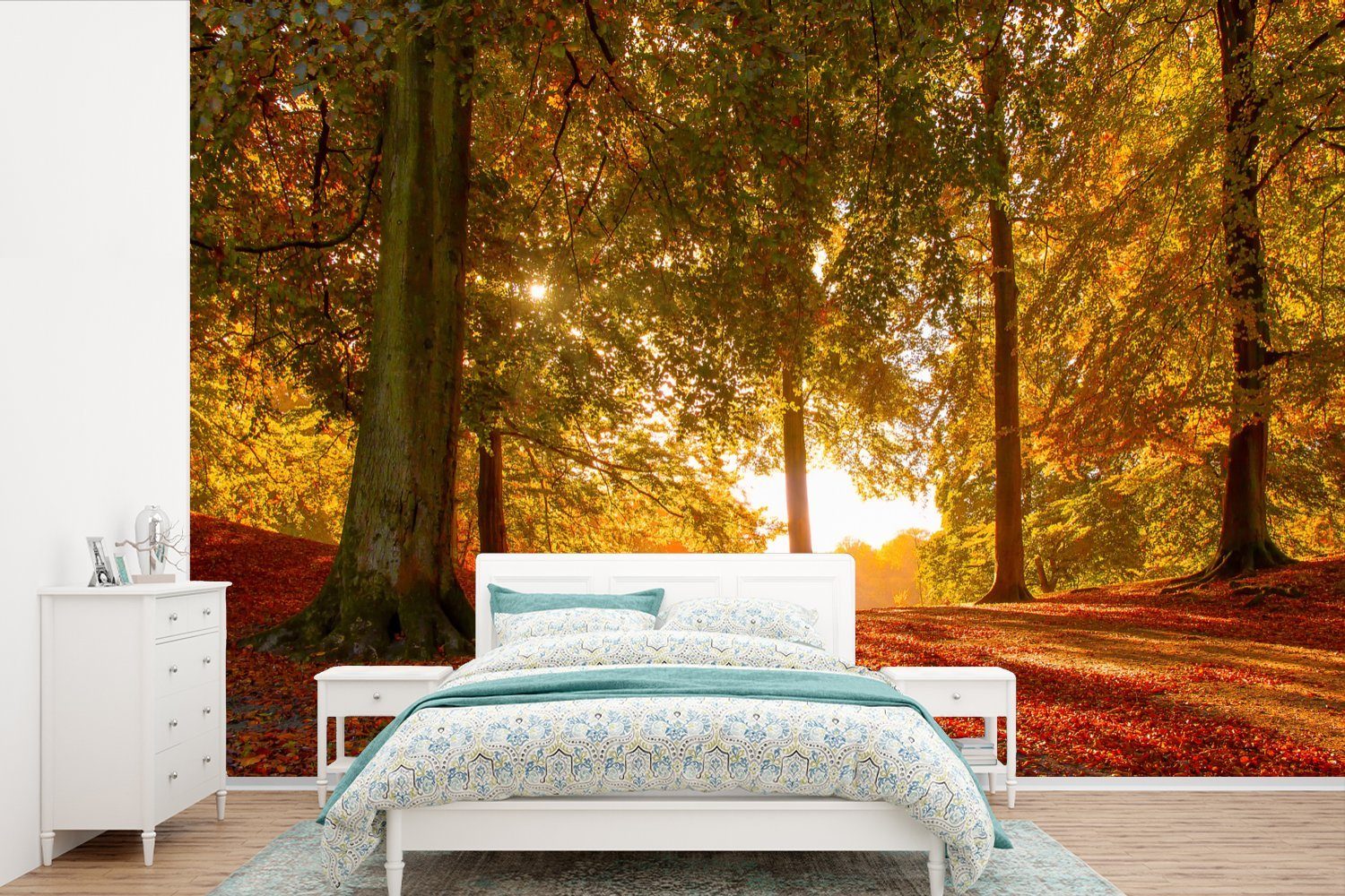 (6 bedruckt, Herbst MuchoWow - Matt, Sonne Fototapete Wohnzimmer, St), Wald, - Wallpaper Vinyl Kinderzimmer, für Schlafzimmer, Tapete