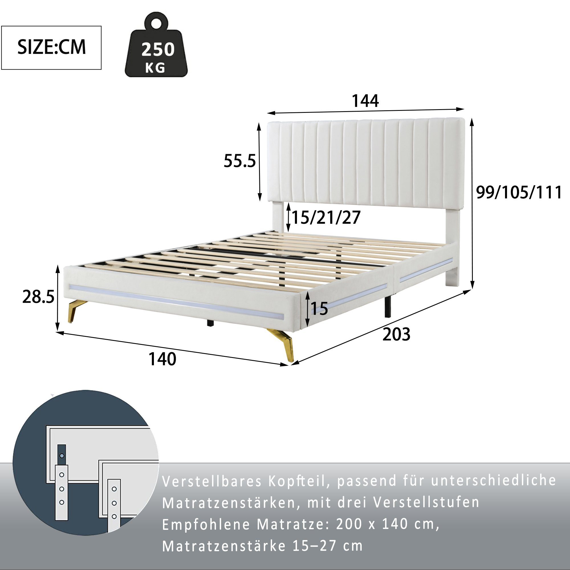 Polsterbett (Doppelbett), mit verstellbarem Kopfteil und LED Beleuchtung, Samt, 140x200cm