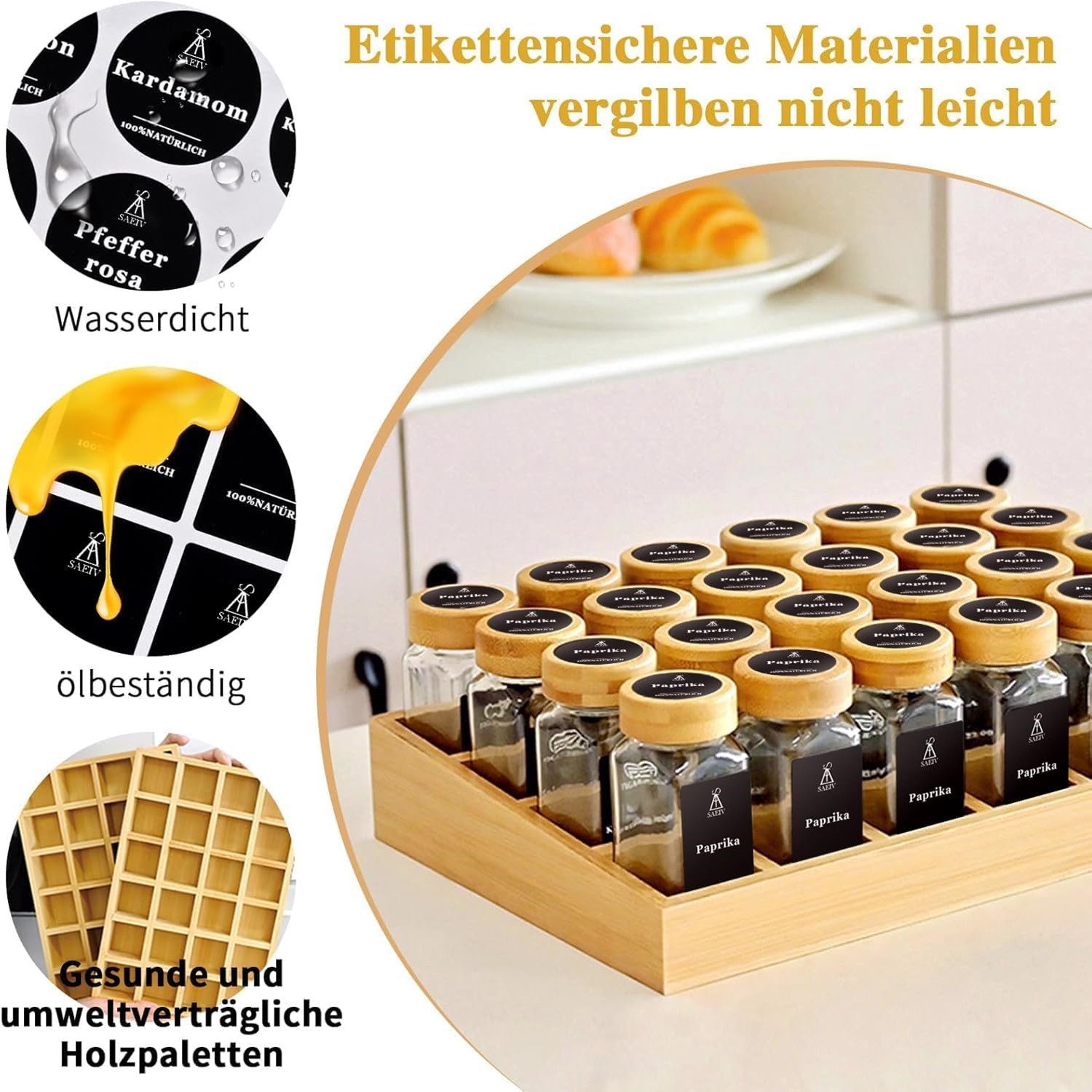 KingLux Gewürzregal Natürlicher Bambus Gewürzregal mit 24stk. Gewürzgläser Eckig, 1-tlg. – Bild 5 von 5