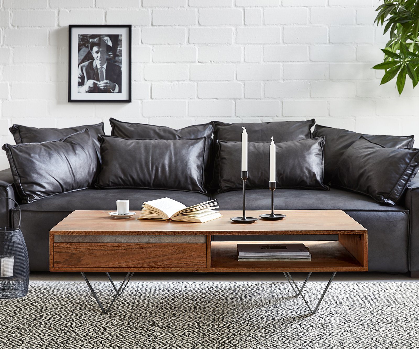 DELIFE Couchtisch Stonegrace, Akazie Braun Schiefer 115x60 cm 2 Schübe 1 Fach V-Fuß Schwarz