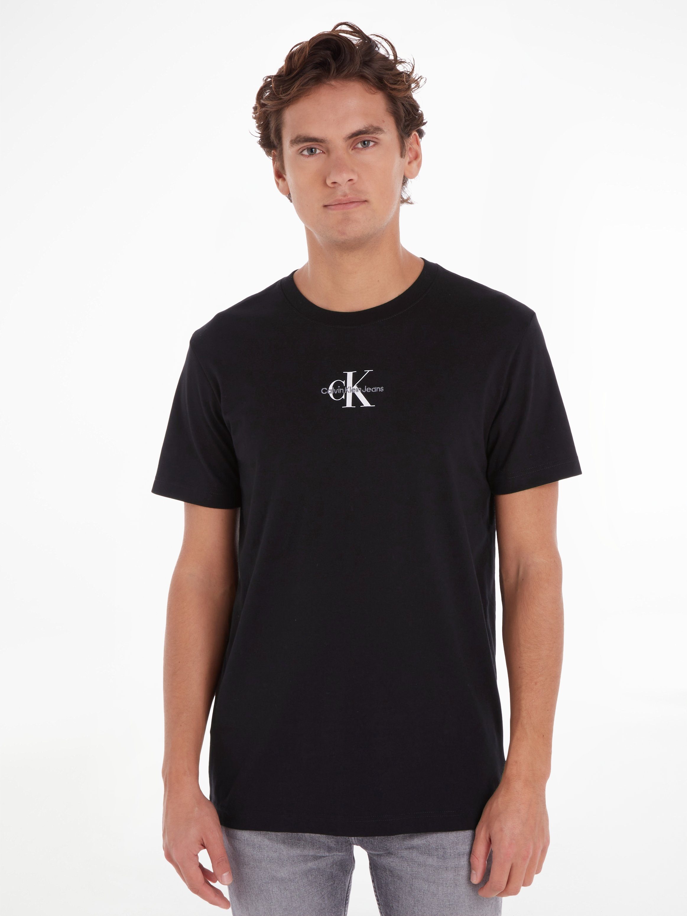 MONOLOGO Black REGULAR Klein T-Shirt Calvin Logoschriftzug TEE mit Jeans Ck
