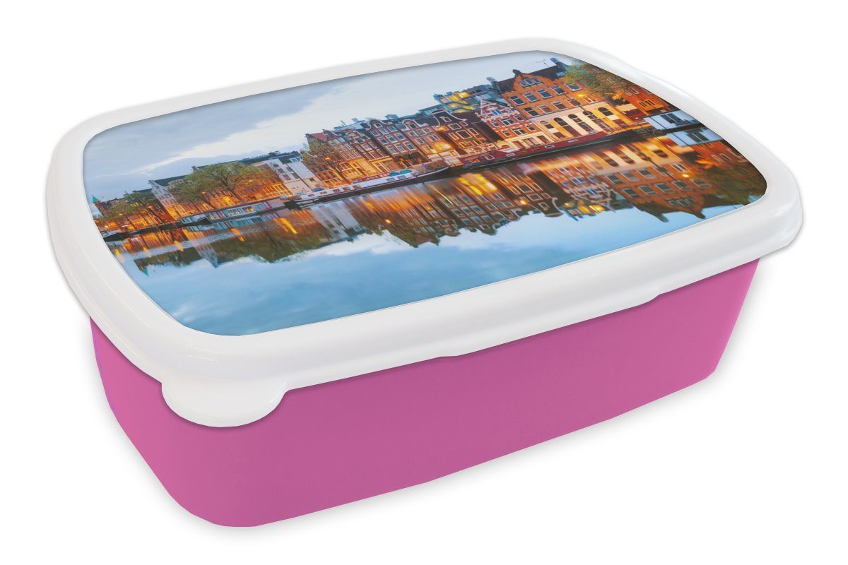 MuchoWow Lunchbox Grachtenhäuser - Amsterdam - Niederlande, Kunststoff, (2-tlg), Brotbox für Erwachsene, Brotdose Kinder, Snackbox, Mädchen, Kunststoff rosa