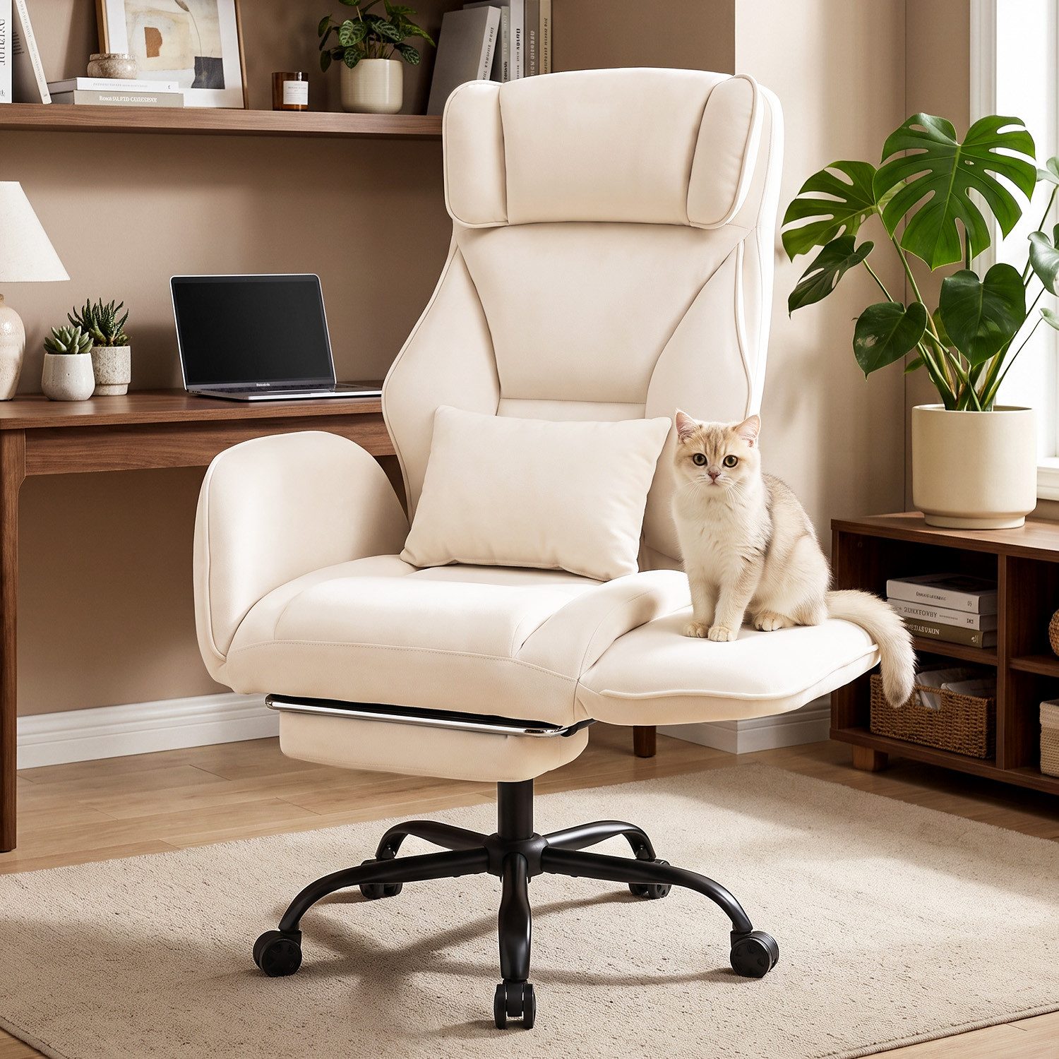 oyajia Chefsessel Ergonomischer Bürostuhl Schreibtischstuhl Gaming Stuhl 200kg Belastbar (Breiter Sitz, Verstellbarer Rückenlehne, 90-135° neigbar), CHENILLE-STOFF, mit klappbarer Armlehnen,Fußstütze, dickes Sitzpolster