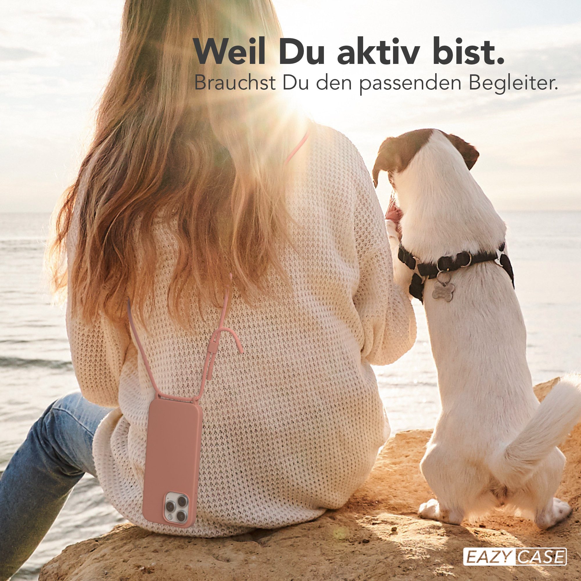 EAZY CASE Handykette Runde Kette für Apple iPhone 15 Pro Max 6,7 Zoll, Hülle mit Band 2in1 Handyband Etui Case mit Kordel Altrosa Koralle