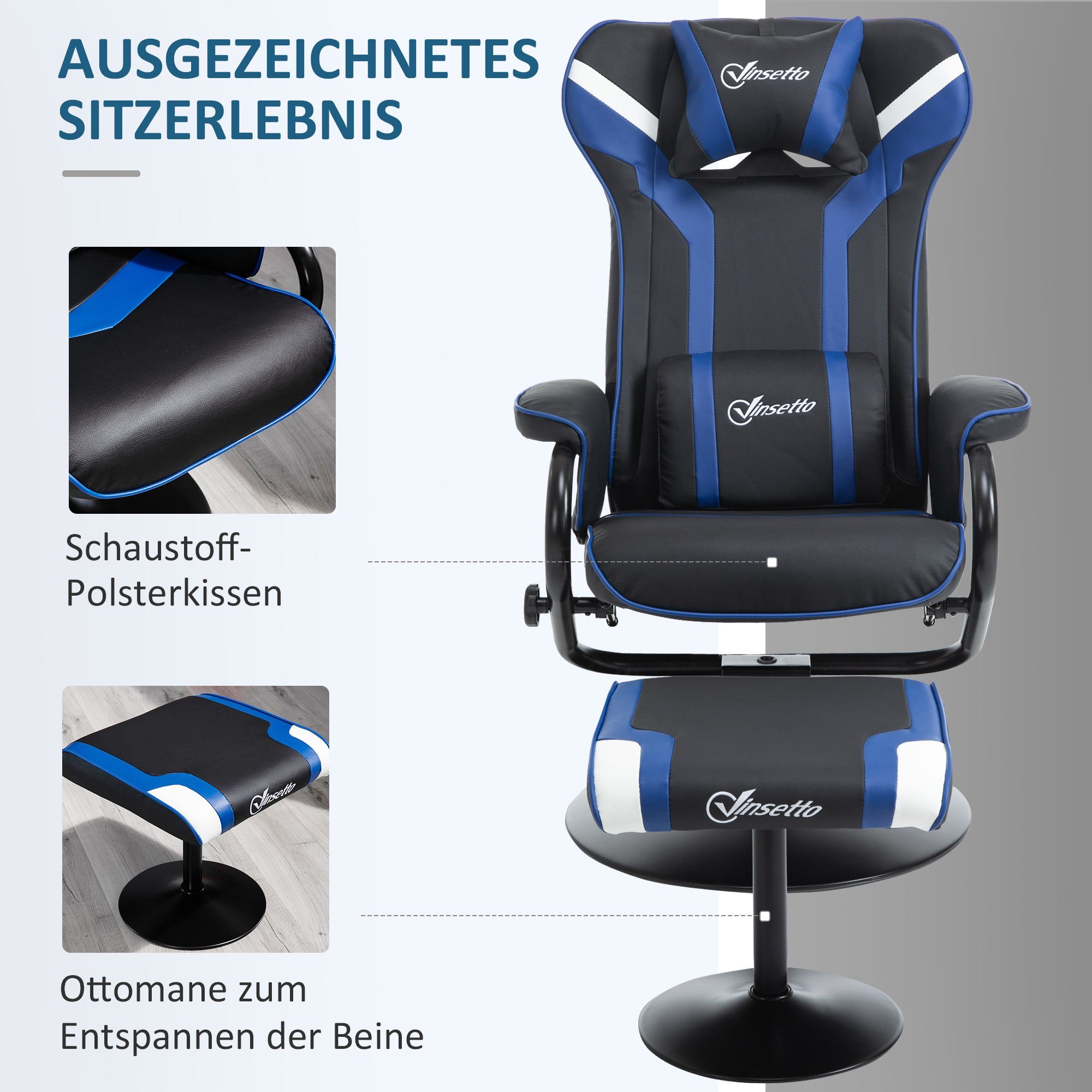 Vinsetto Relaxsessel Gamingstuhl mehrfach Hocker Liegefläche Fernsehsessel), verstellbar Liegefunktion, 110cm, (Polstersessel, 2-St., mit