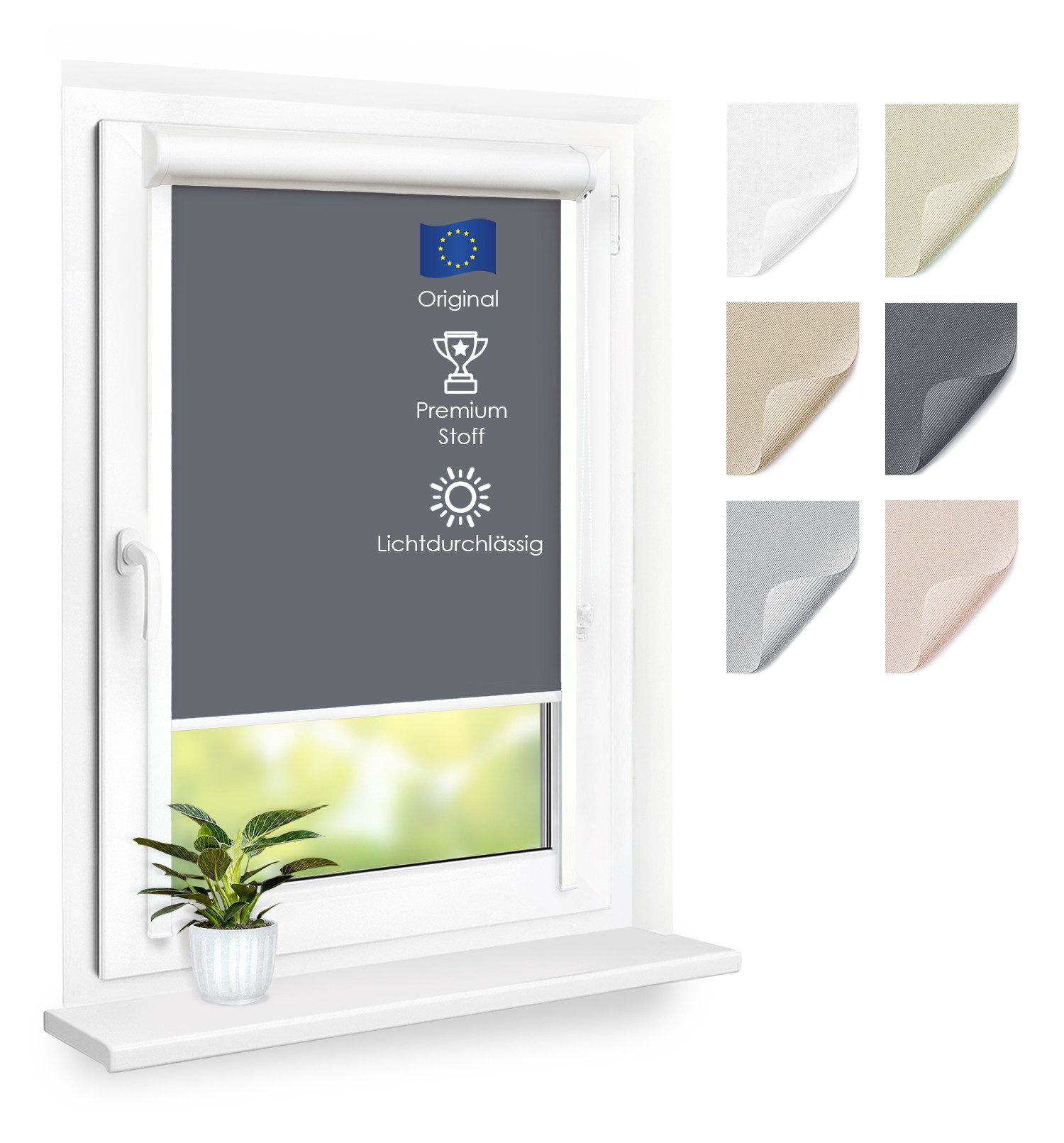 Rollo Premium Kassettenrollo mit Seitenschienen, Fensterrollo, DomDeco, blickdicht, ohne Bohren, durch Kleben oder Schrauben, Lichtdurchlässig, Rollo mit Seitenführung, Seitenzugrollo