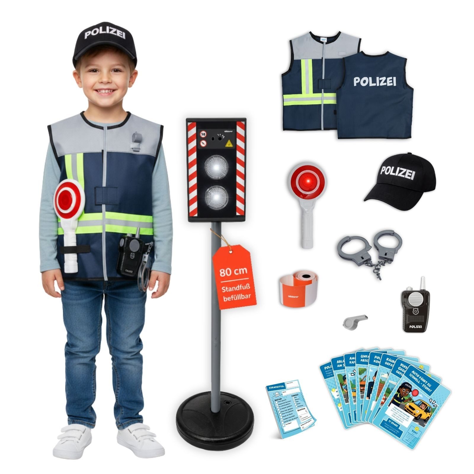 alldoro Spielzeug-Polizei Einsatzset Verkehrspolizei Rollenspiel-Set mit Blitzer, Kelle und Walkie-Talkie, Polizei-Kostüm, Blitzer 80 cm mit Licht & Sound, für Kinder ab 3 Jahre