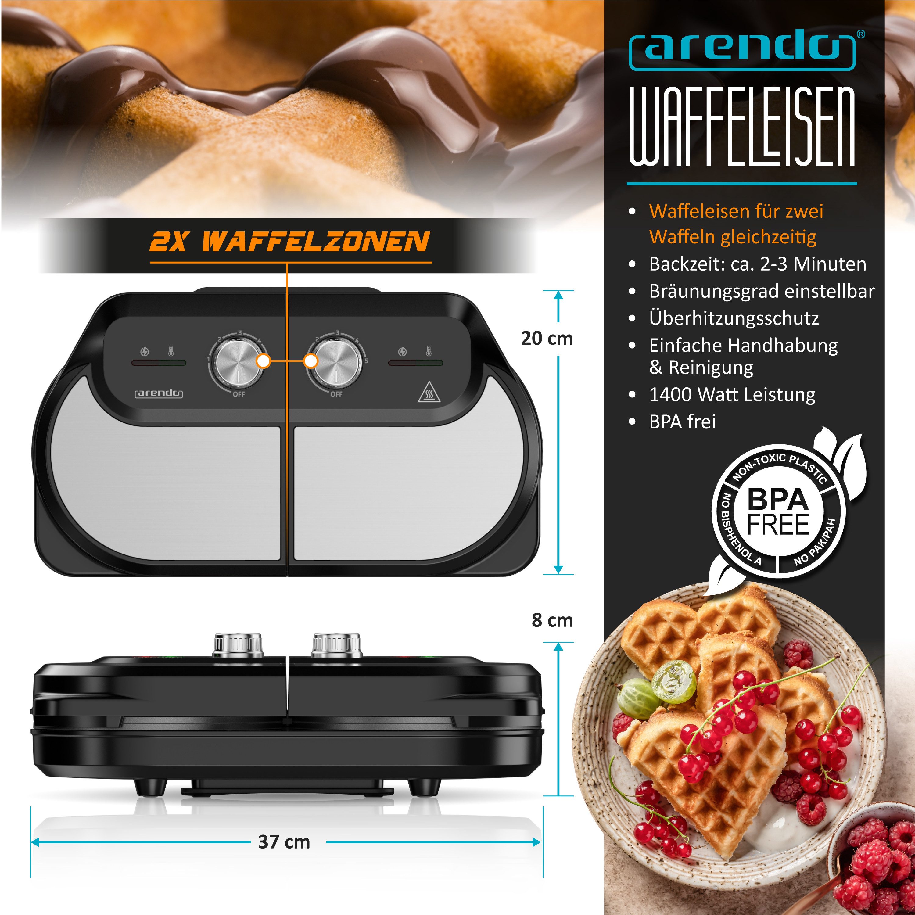 Arendo Waffeleisen Duo-Waffelautomat mit 2x Waffelplatten (Belgische Waffeln & Herzform), 1400 W, Stufenloser Temperaturregler, Antihaftbeschichtet, Edelstahl, BPA frei