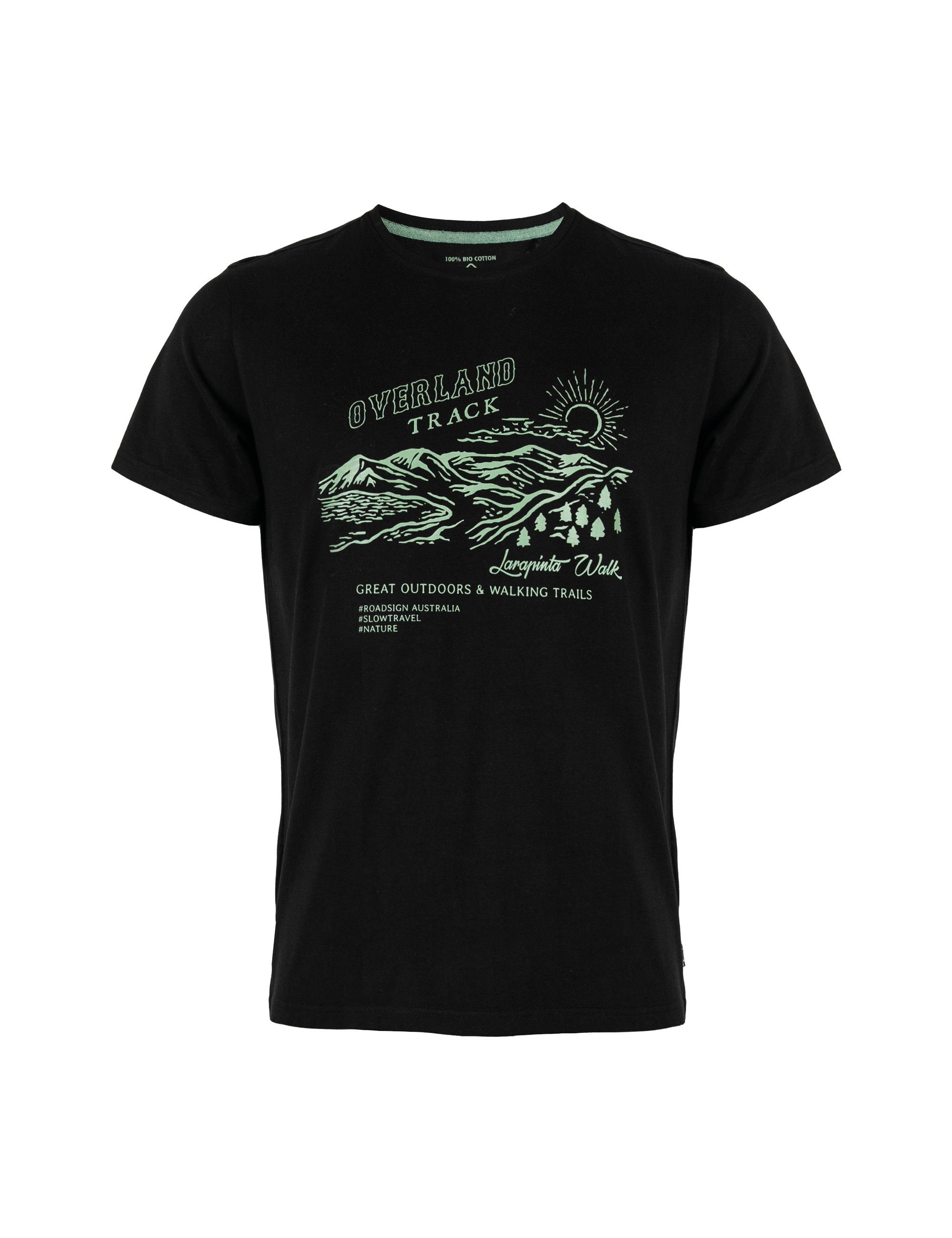 Baumwolle % Print, (1-tlg) Bio- australia T-Shirt & Overland Rundhalsausschnitt ROADSIGN 100 mit track Schwarz