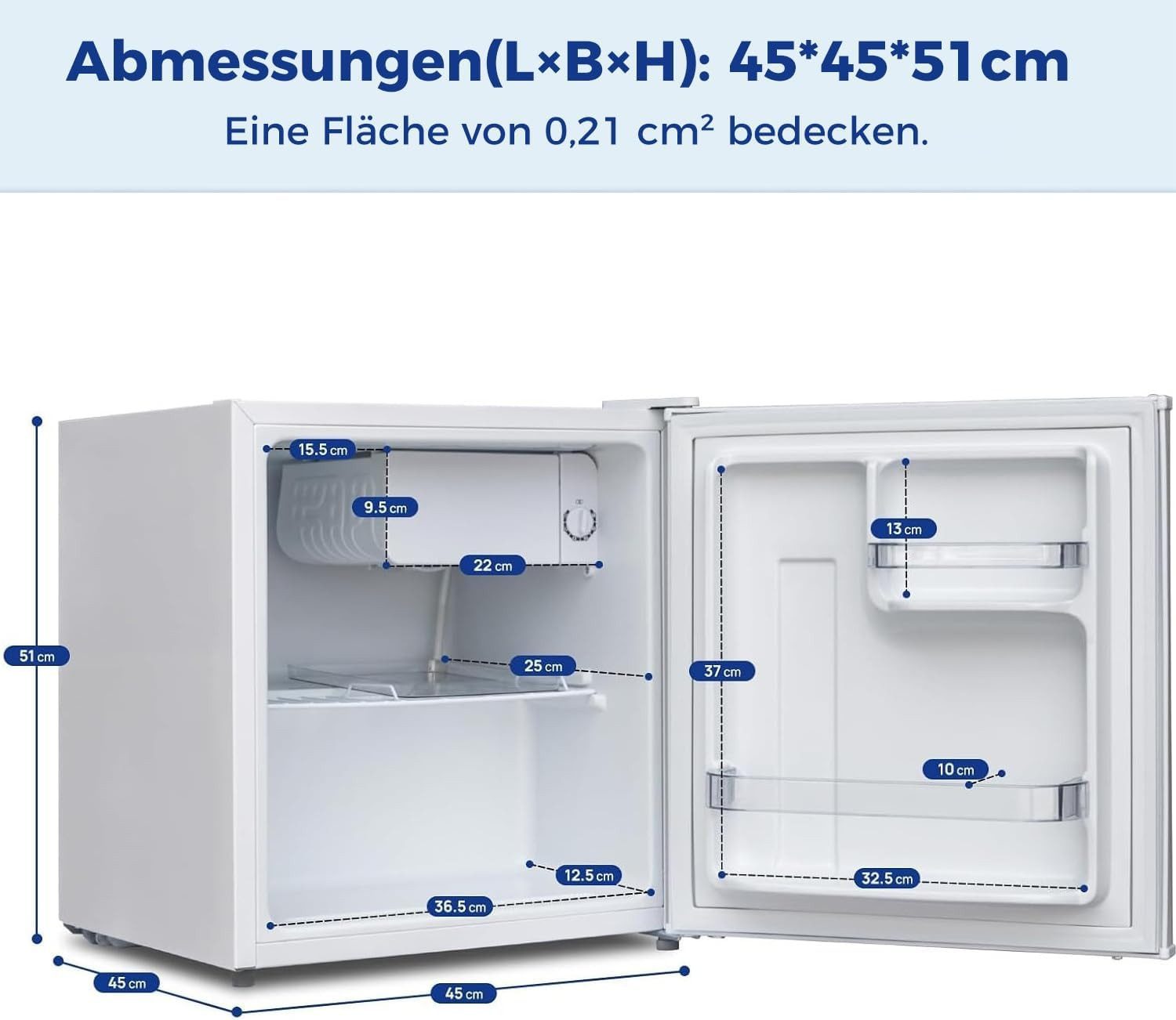 Smad Table Top Kühlschrank DSF-48D6E-1, 45 cm breit, 6-stufigem Thermostat Kühlfach, 39 dB, für Schlafzimmer/Büro