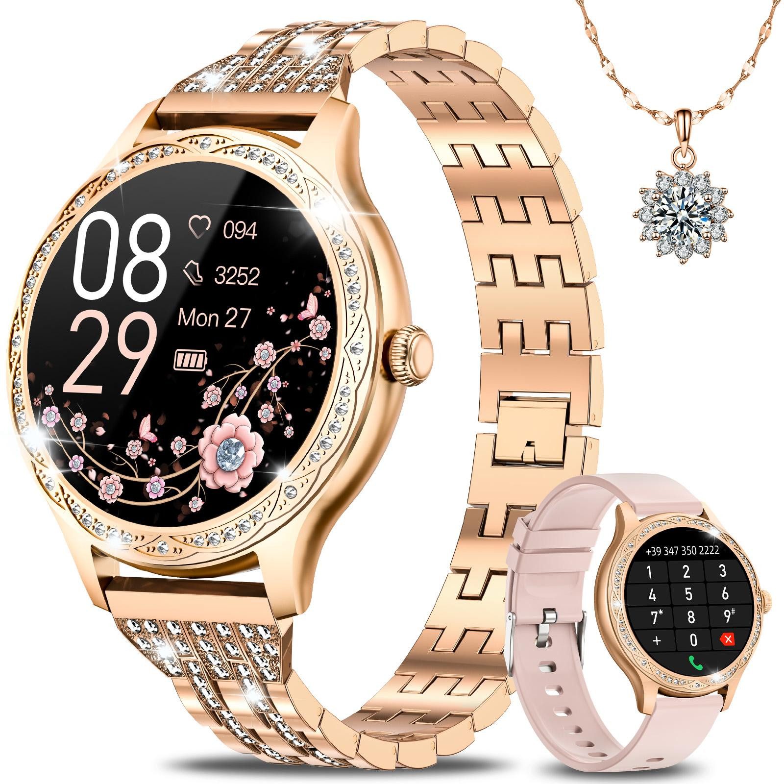 Smartwatch Damen mit Bluetooth-Sprachfunktion und Diamant-Halskette Smartwatch