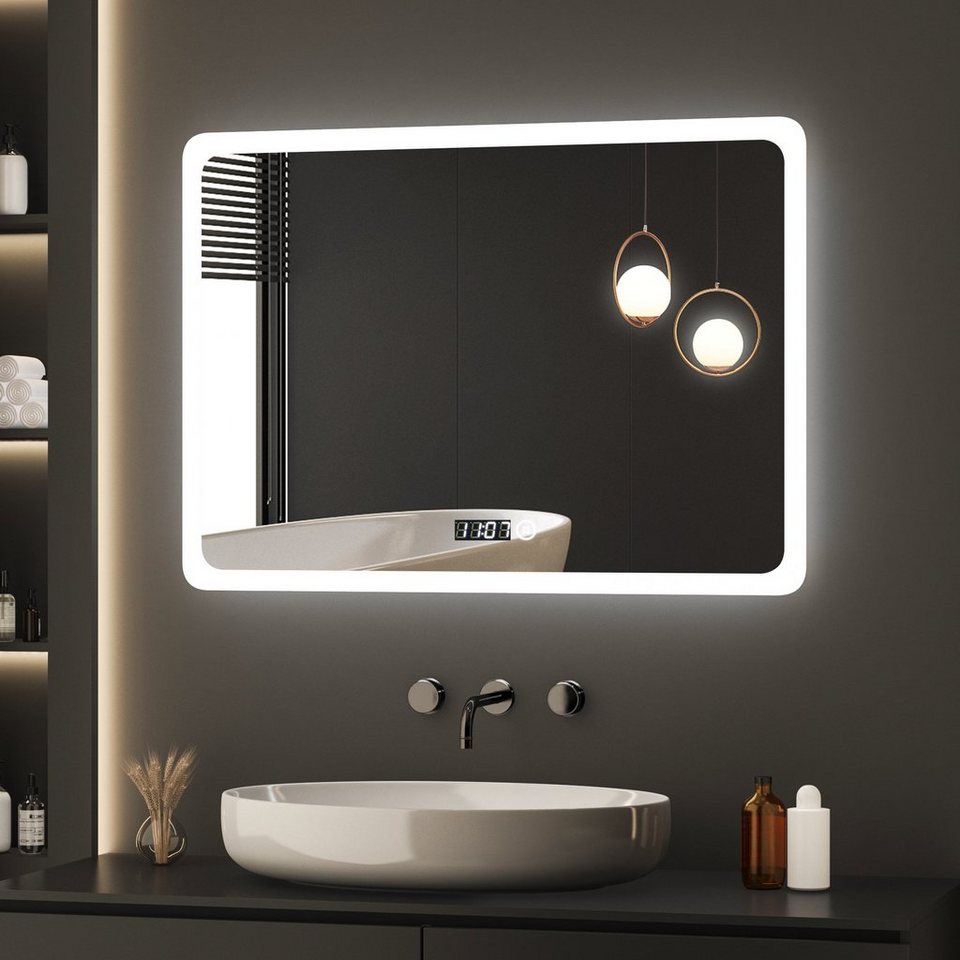 WDWRITTI LED-Lichtspiegel LED Badspiegel 80x60 mit Uhr Touch Wandspiegel  mit beleuchtung Memory (Spiegel Led Badezimmer, 3000/4000/6500K, Dimmbar),  Energiesparende, IP44