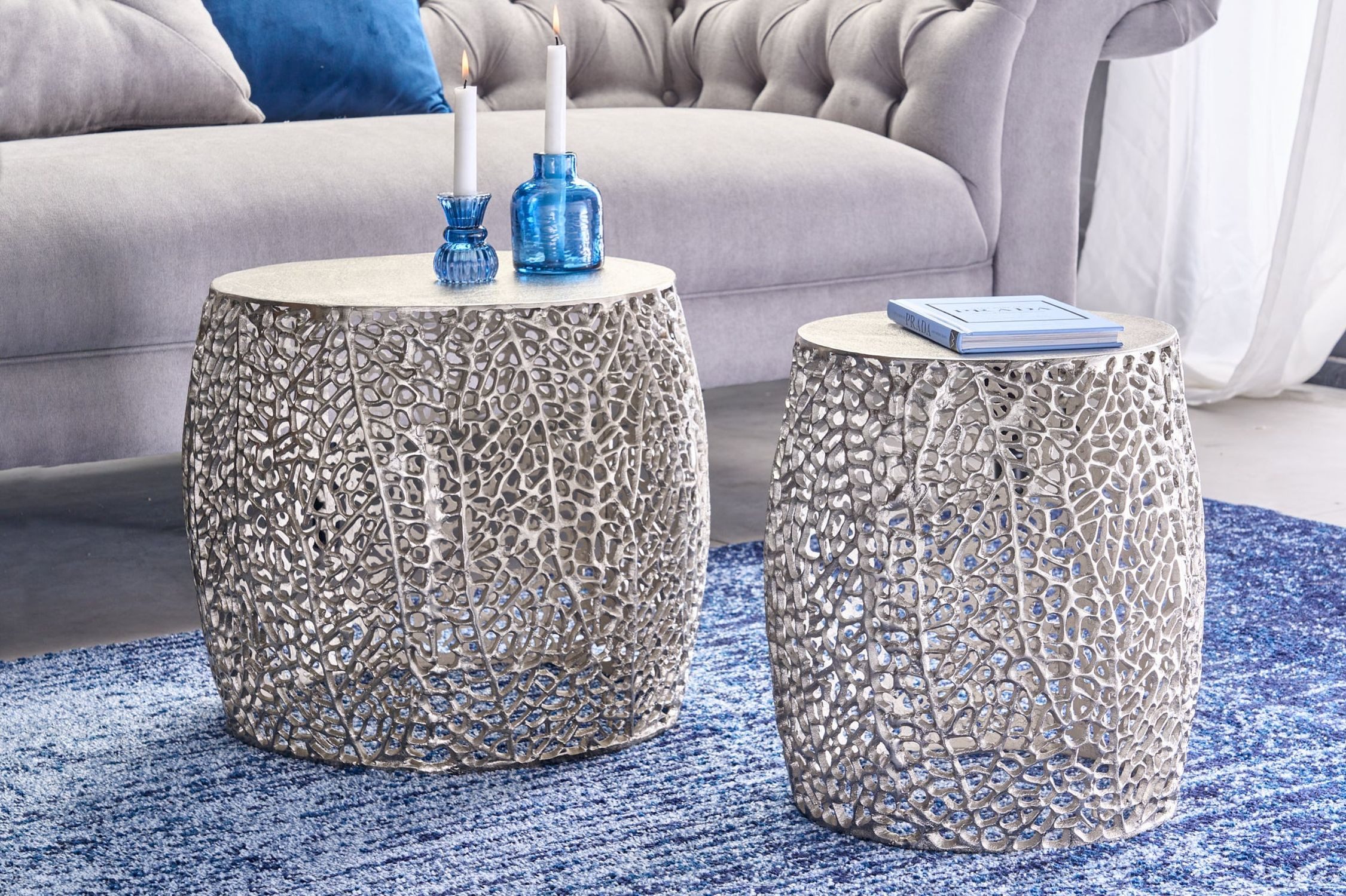 Licht-Erlebnisse Couchtisch JOSEFINA, 2er Set Handarbeit aus Metall in Silber