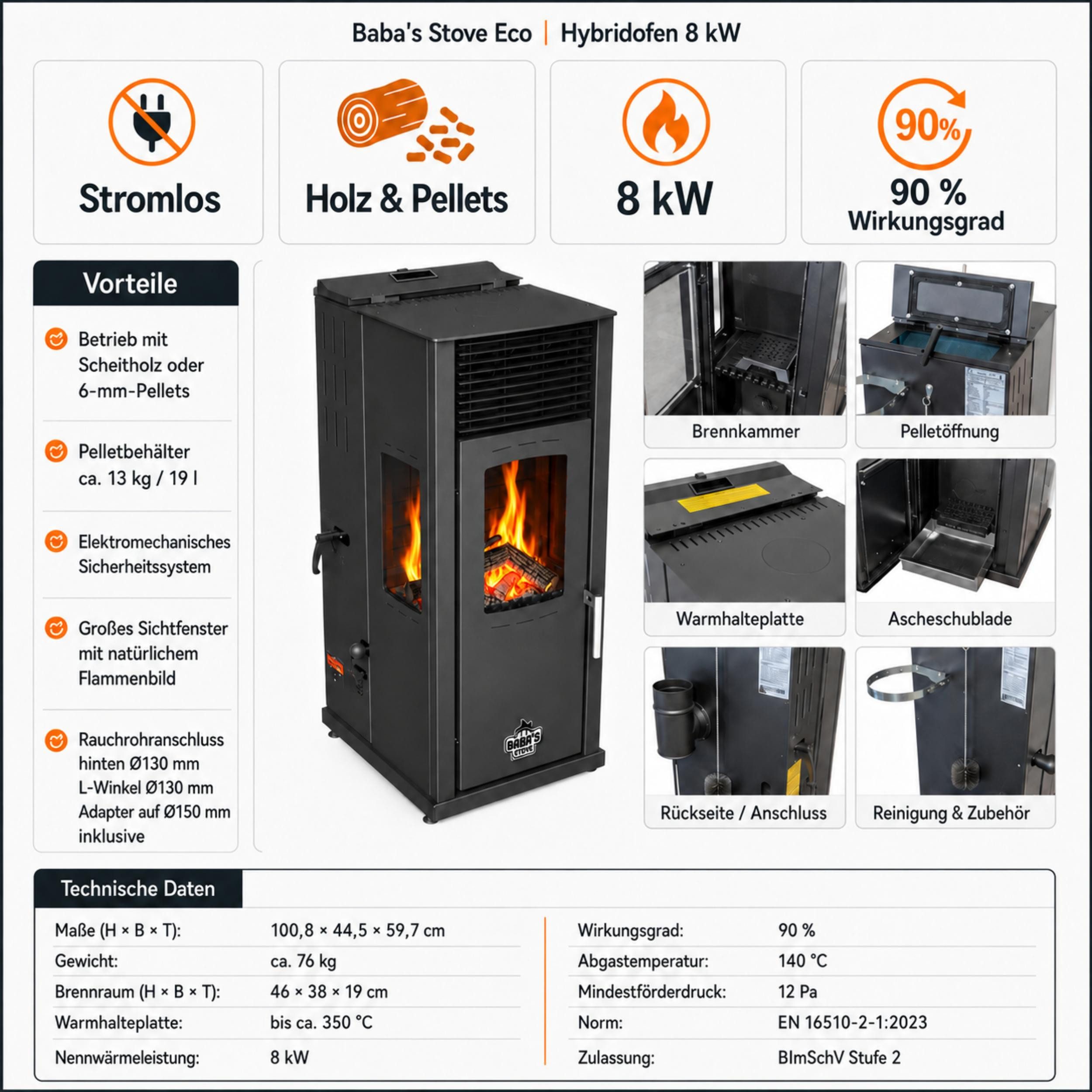 Baba's Kaminofen Eco Plus Hybridofen Pellets und Holz Kombiofen Pelletofen ohne Strom, 8 kW, Dauerbrand, Dauerbrandofen, Holzofen Holz Ofen Kamin – Bild 2 von 5