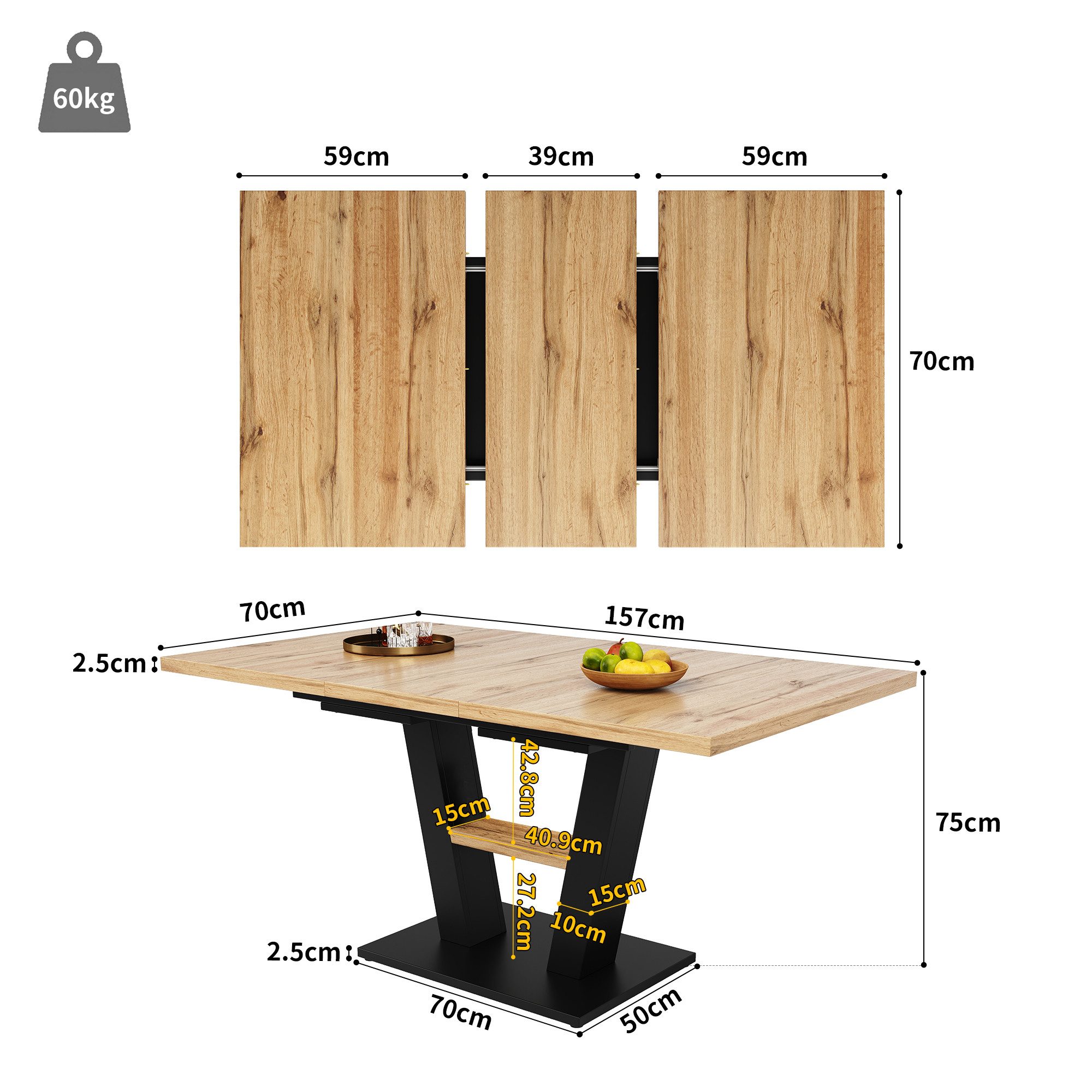 Flieks Esstisch (1-St., 1 Tisch, erweiterbare Tischplatte B118-157/T70/H75 cm), ausziehbarer Küchentisch rechteckig Schreibtisch mit Ablagen Holzfarbe