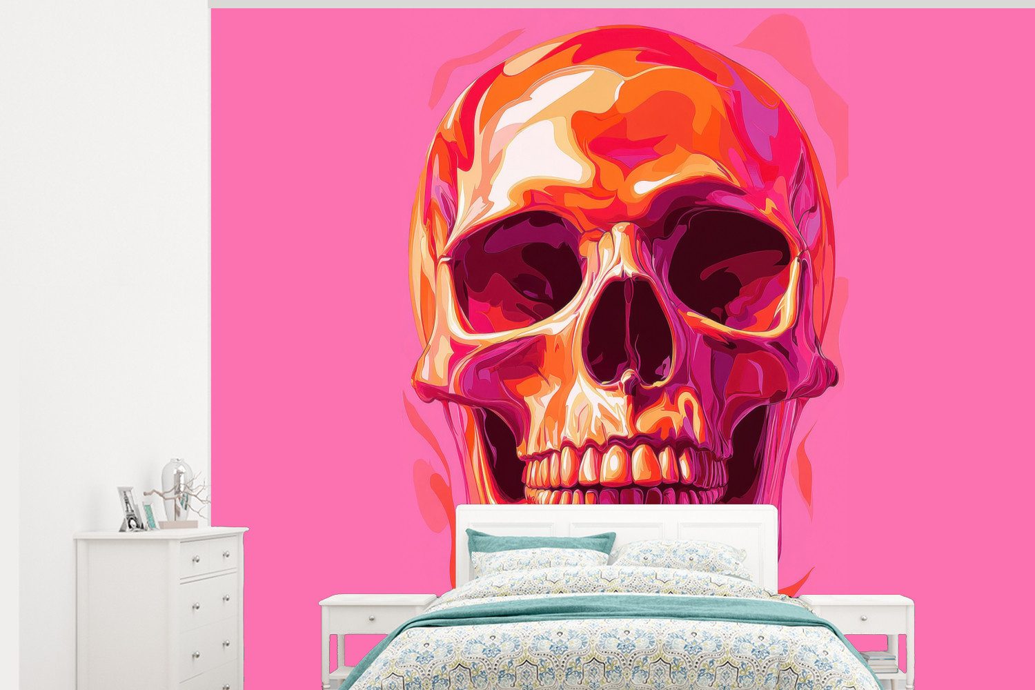 MuchoWow Fototapete Leuchtend rosa - Zähne - Schädel, Matt, bedruckt, Montagefertig Vinyl Tapete, Wandtapete, 325x260 cm