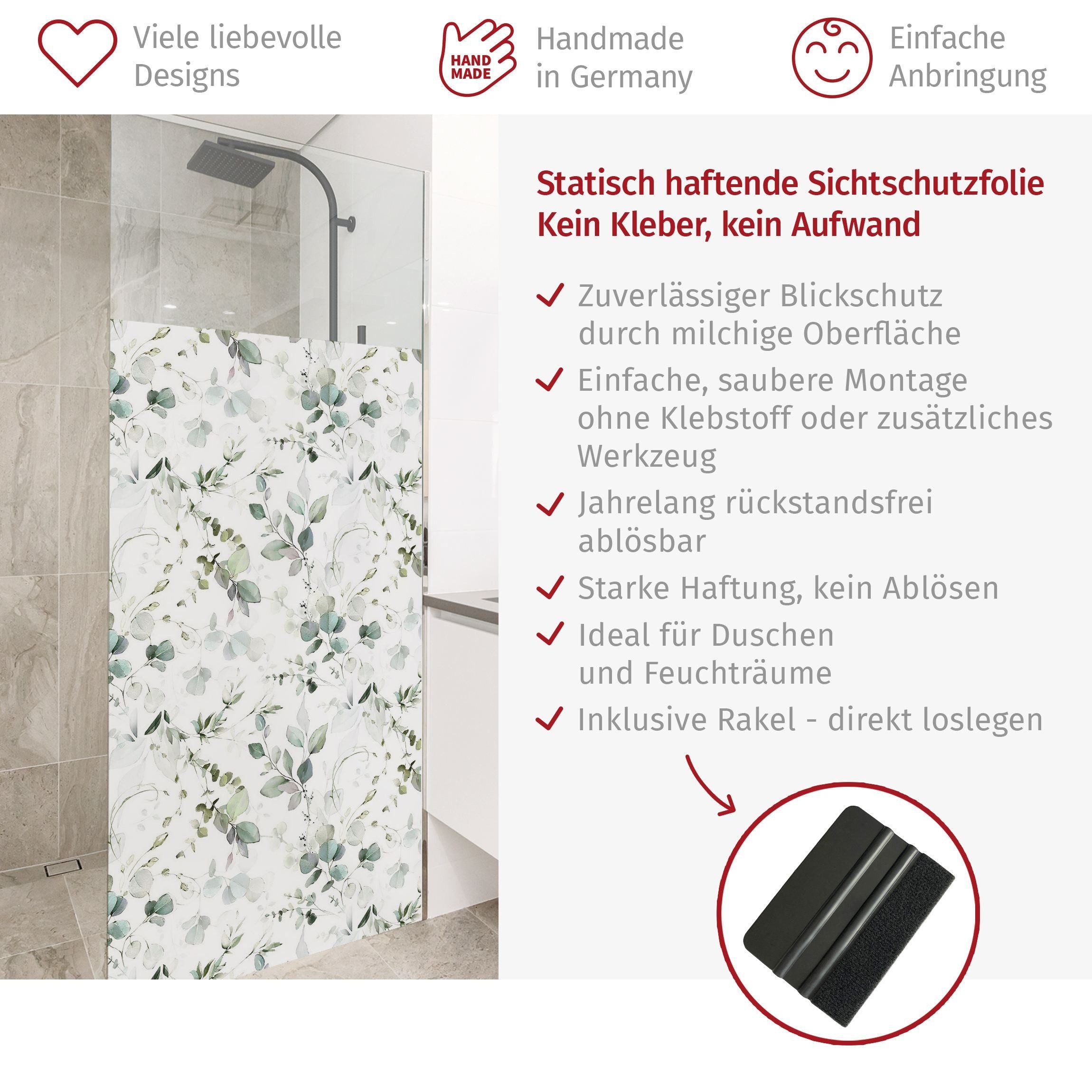 Bilderdepot24 Sichtschutzfolie Dusche blickdicht statisch haftend Blätter- und Pflanzenmotiv, Statisch haftend, blickdicht, wasserfest, wiederverwendbar, ablösbar