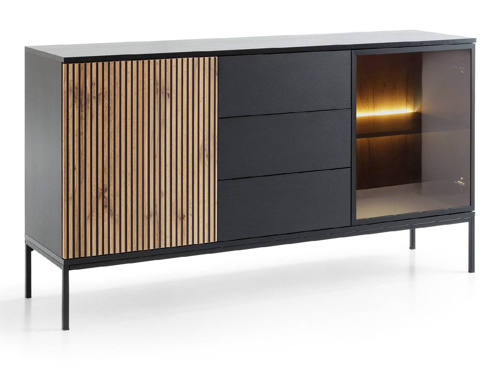 yourhouse24 Kommode SANTIA 154 cm 2D3S LED Industrial Eiche Schwarz