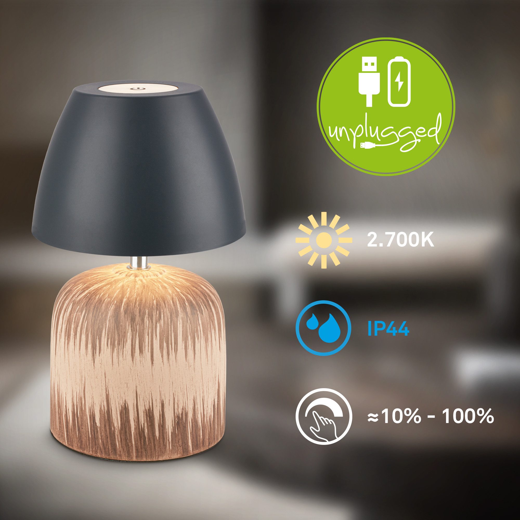 Briloner Leuchten LED Tischleuchte Akku Tischlampe Indoor/Outdoor kabellos Keramik, LED fest integriert, kabellos 14 x 36 cm 3W Wohnzimmer Schlafzimmer