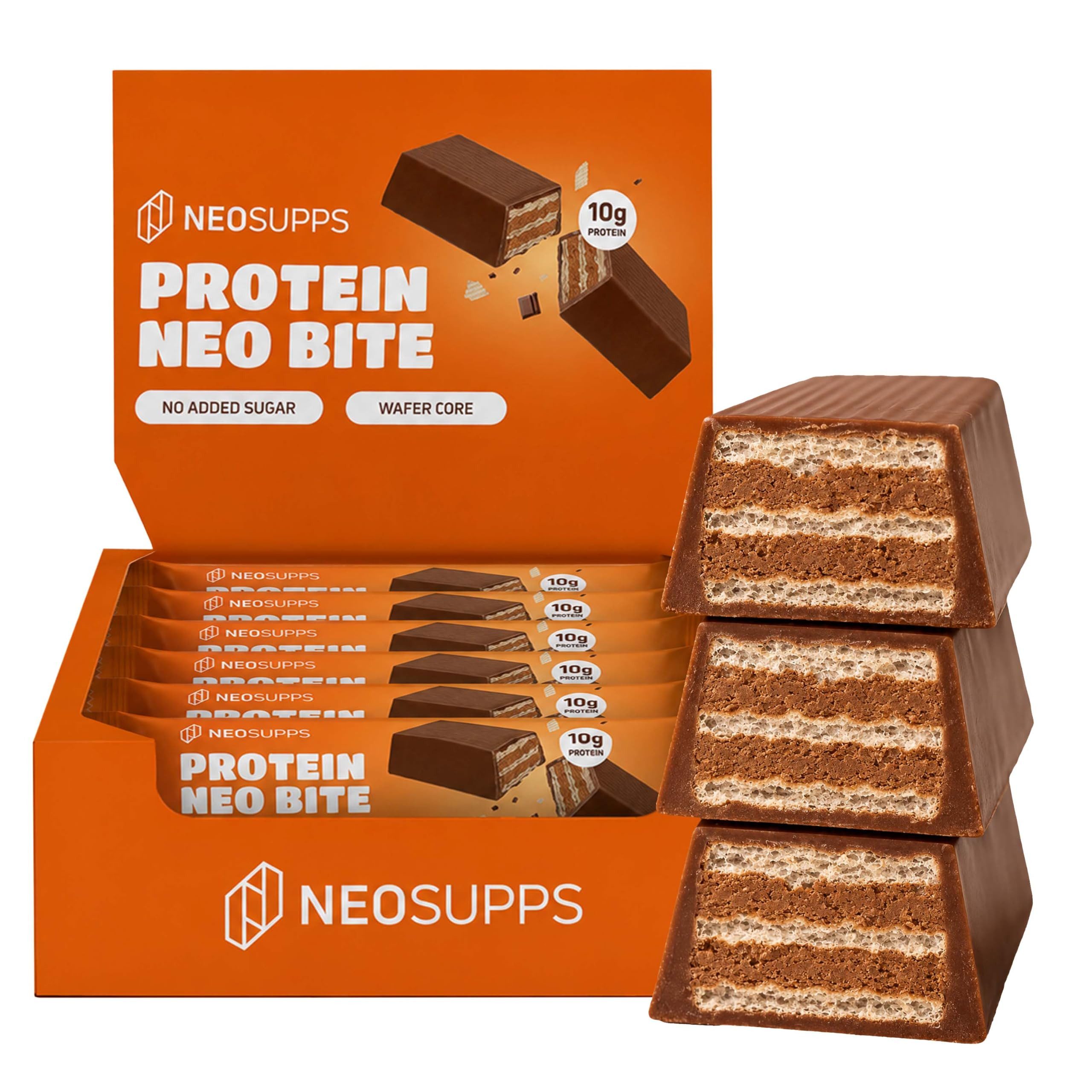 Neosupps NeoBite Proteinriegel 12x38g, Knuspriger Schoko Snack, Waffelschicht Riegel, 456 g, Protein Bar mit Vollmilchschokolade,10g Eiweiß & nur 0,6g Zucker