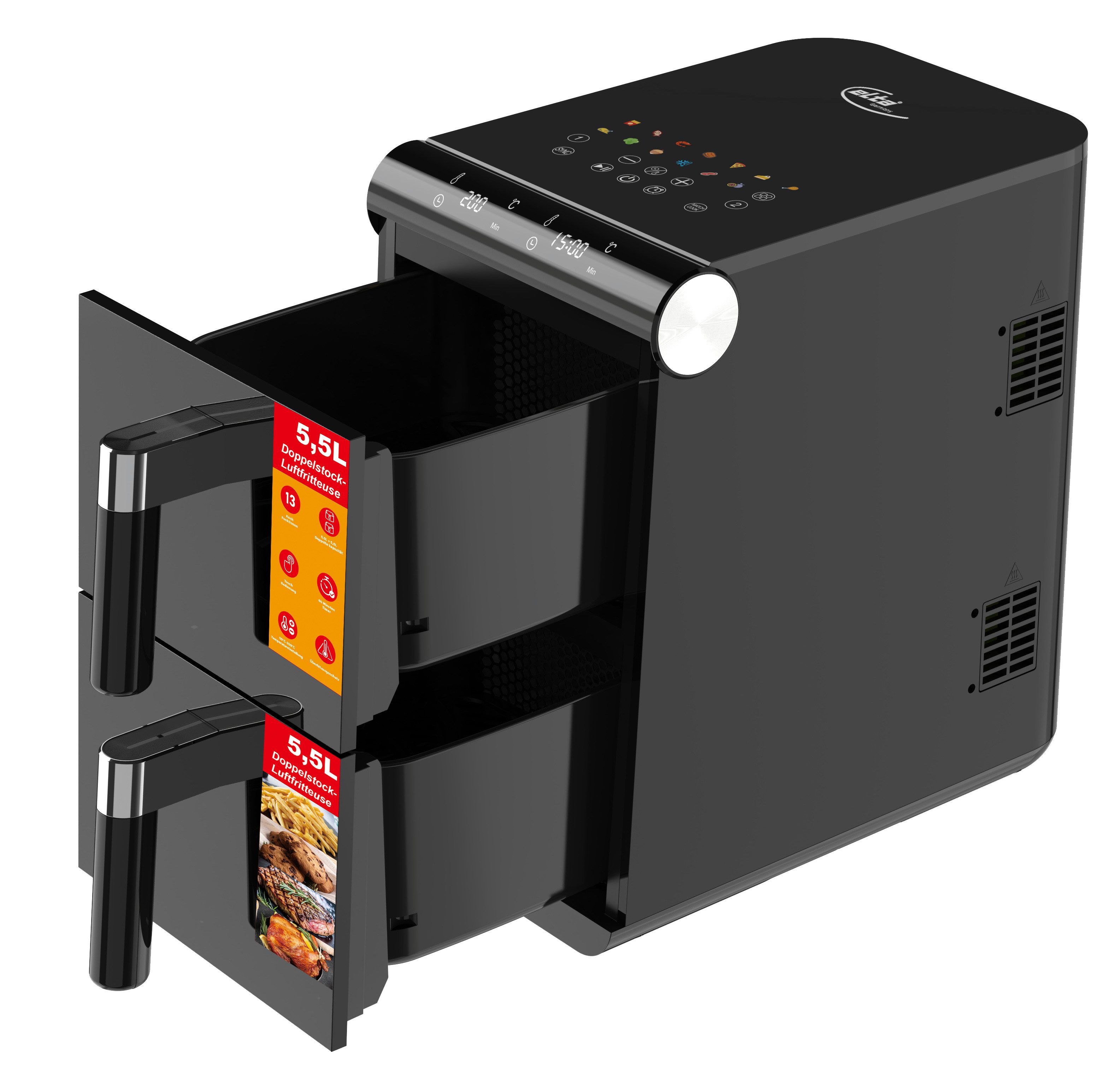 Elta Heißluftfritteuse Vertikal Doppelstock, 1700 W, 11 L Dual Zone XXL mit 2 unabhängigen Fächern, undTouchscreen