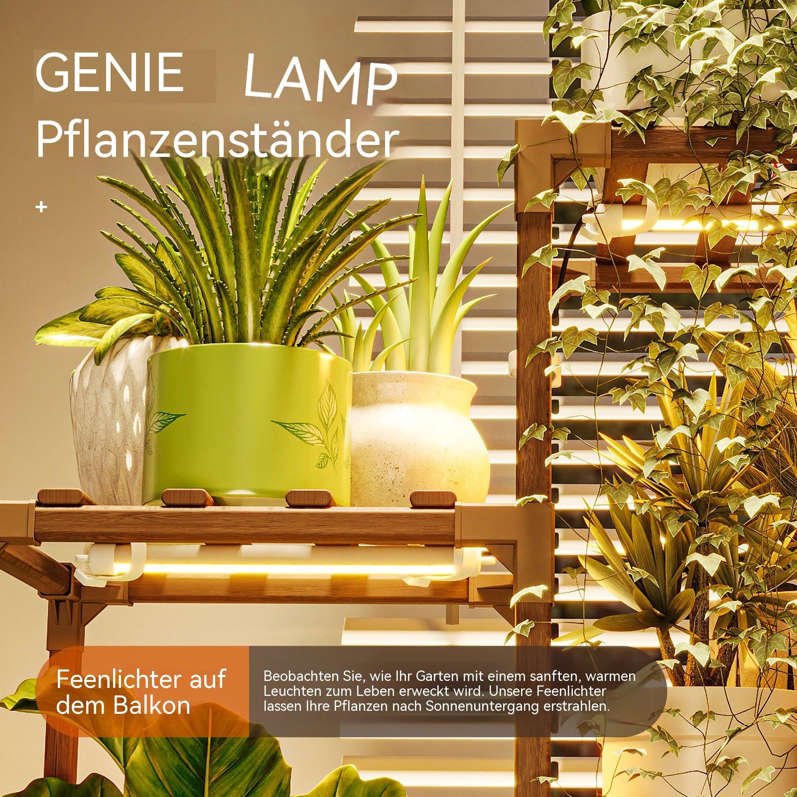 Bamworld Blumenständer Pflanzenständer mit Pflanzenlampe, Holzregal mit Warmlicht (1 St), 3 Ebenen, platzsparend, ideal für kleine Räume – Bild 4 von 5