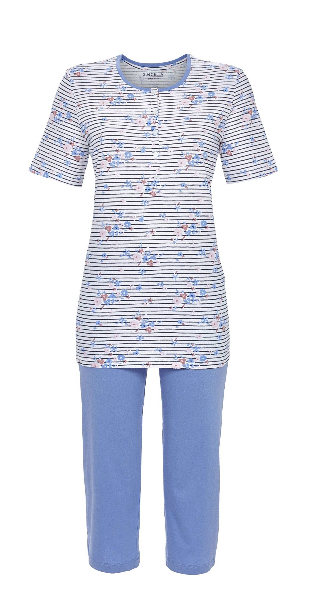 Pyjama - Schlafanzug mit geringeltem Oberteil und Knopfleiste, Caprihose