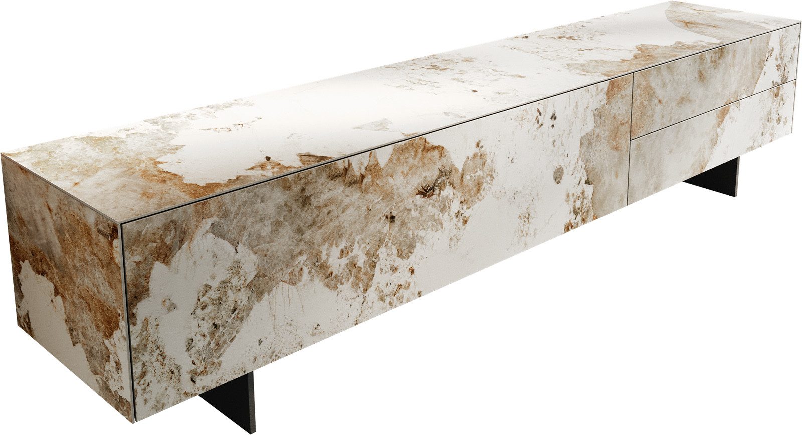 DELIFE Lowboard Cuor, Keramik Minas Melange Weiß-Beige 220 cm 1 Klappe 2 Schubfächer Fuß Sch