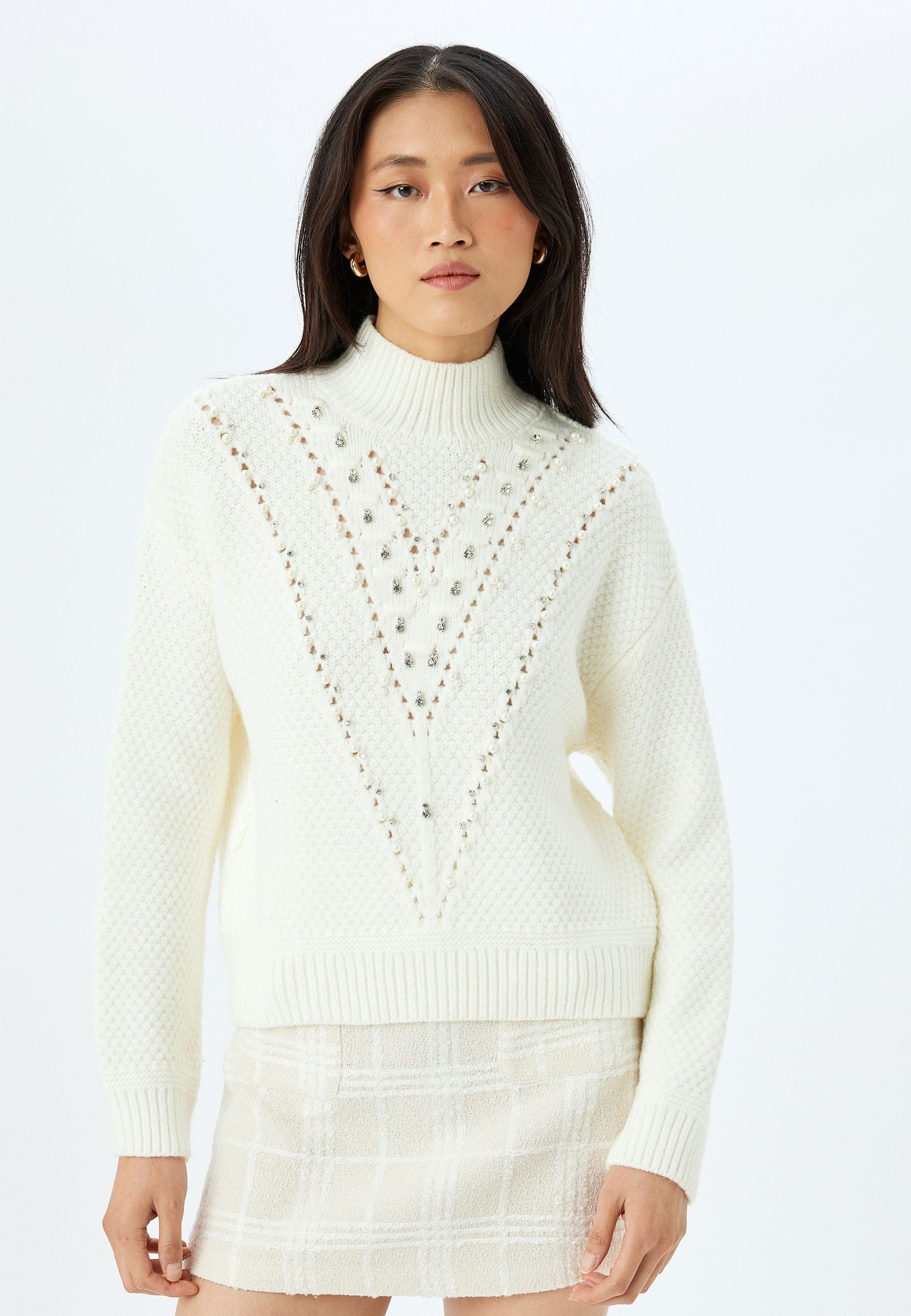 Koton Sweater Standkragen Mit Perlen Sweater
