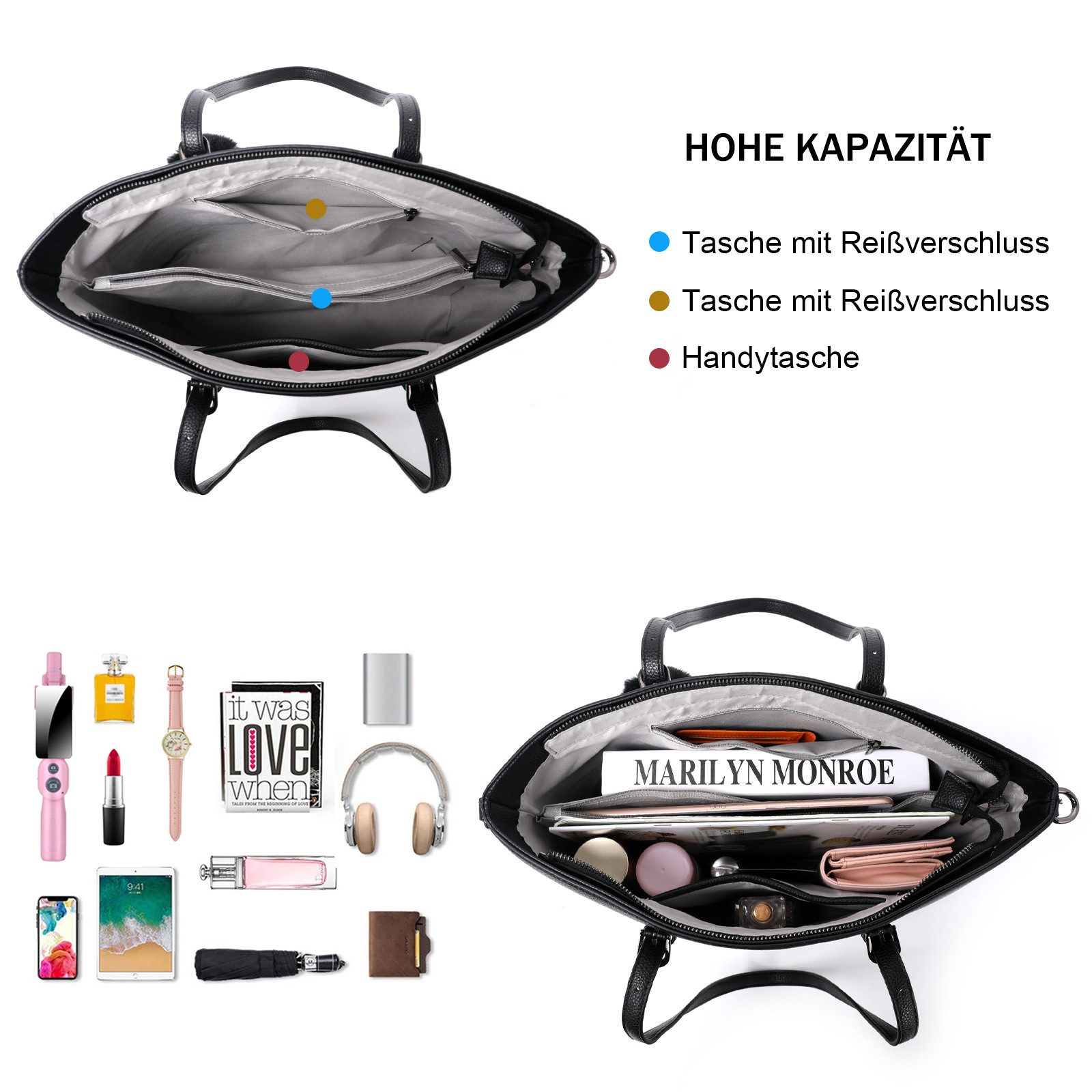 TAN.TOMI Shopper Damen Handtasche mit Geldbörse und Schlüsselanhänger (Groß Damen Handtasche), Geschenke für Frauen in schlichter Optik