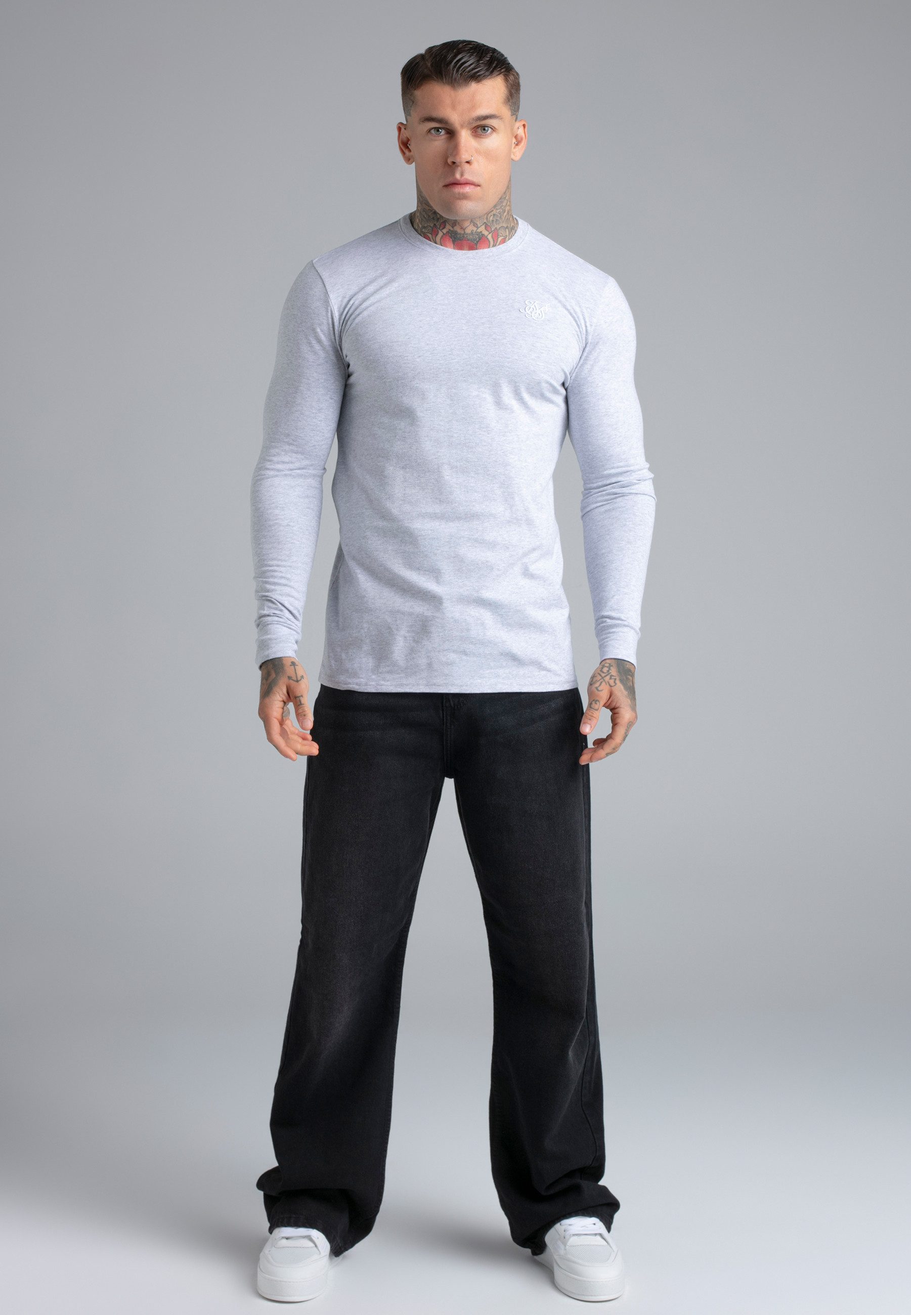 Siksilk T-Shirt SikSilk Herren Essentials Langarm-T-Shirt in Grau Meliert