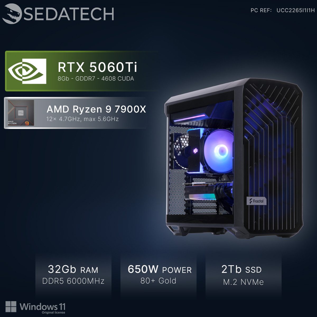 Sedatech UCC2265I1I1HF - Workstation Business-PC (AMD Ryzen 9 7900X 12x 4.7GHz (max 5.6GHz), Geforce RTX5060Ti 8GB, 32 GB RAM, 2000 GB SSD, Wlan 6E)