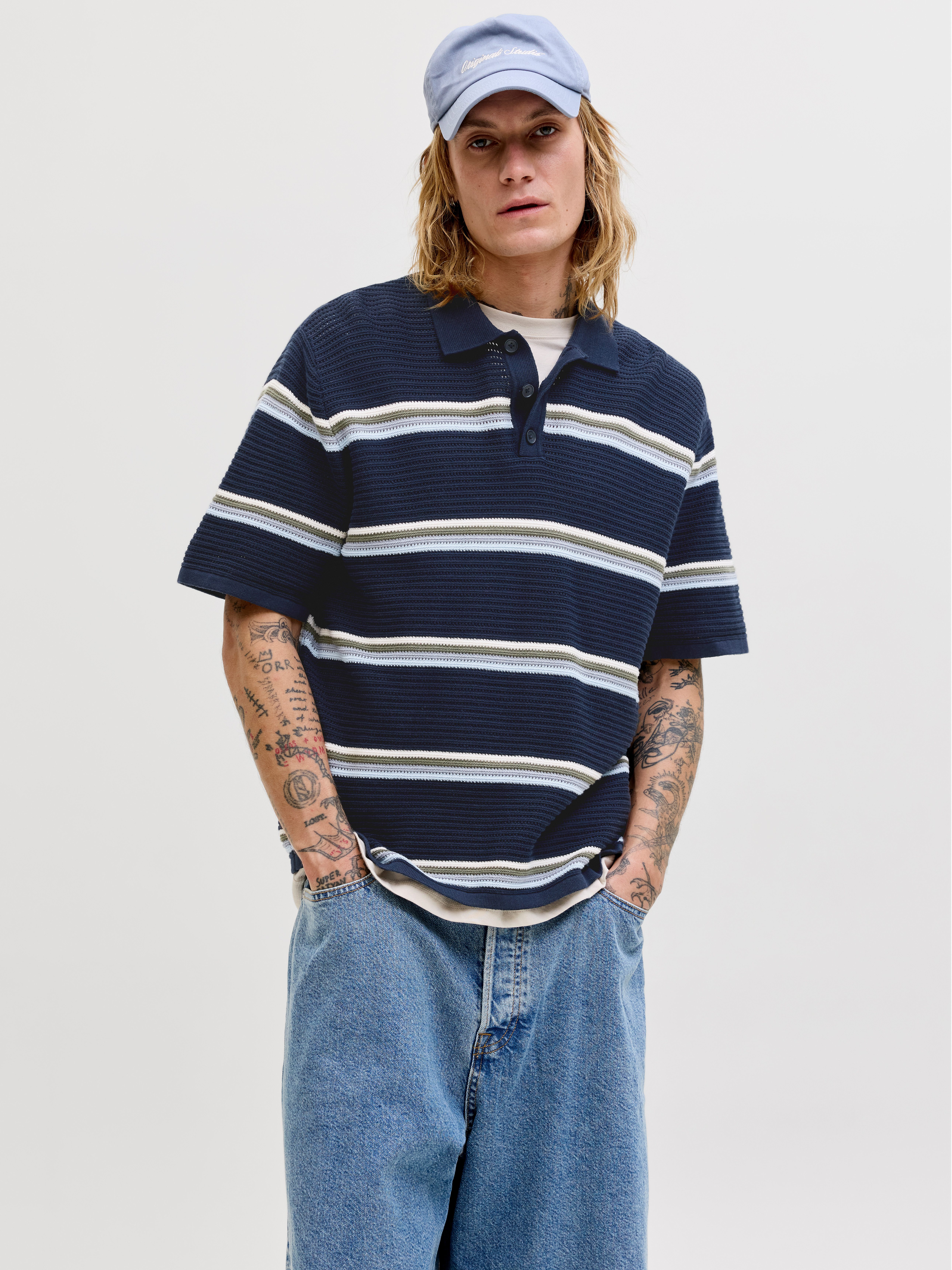 Jack & Jones Polokragenpullover JORMAINE KNIT STRIPE POLO SN Baumwolle, relaxed fit