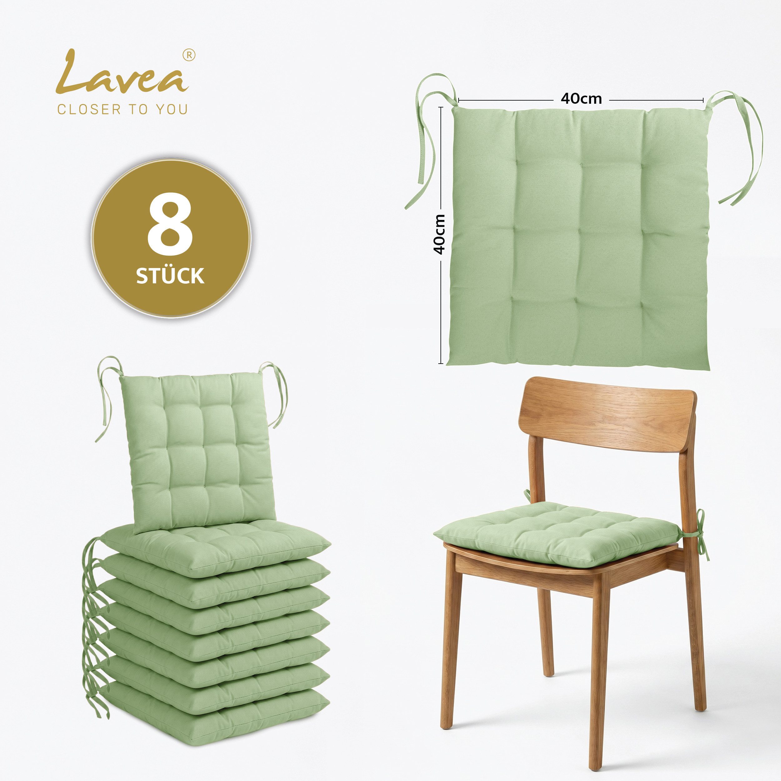 Lavea Stuhlkissen Lavea® Sitzkissen & Stuhlkissen 40x40 cm – 4er/8er Set, 40x40x3 cm, mit Stoffbändern, Indoor & Outdoor, für Garten & Balkon